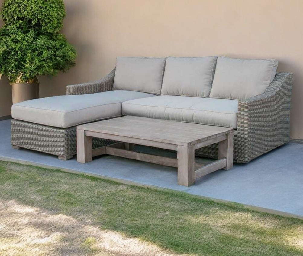 Three Piece Outdoor Gray Rattan Sectional Seating Group with Beige Cushions - Image 2