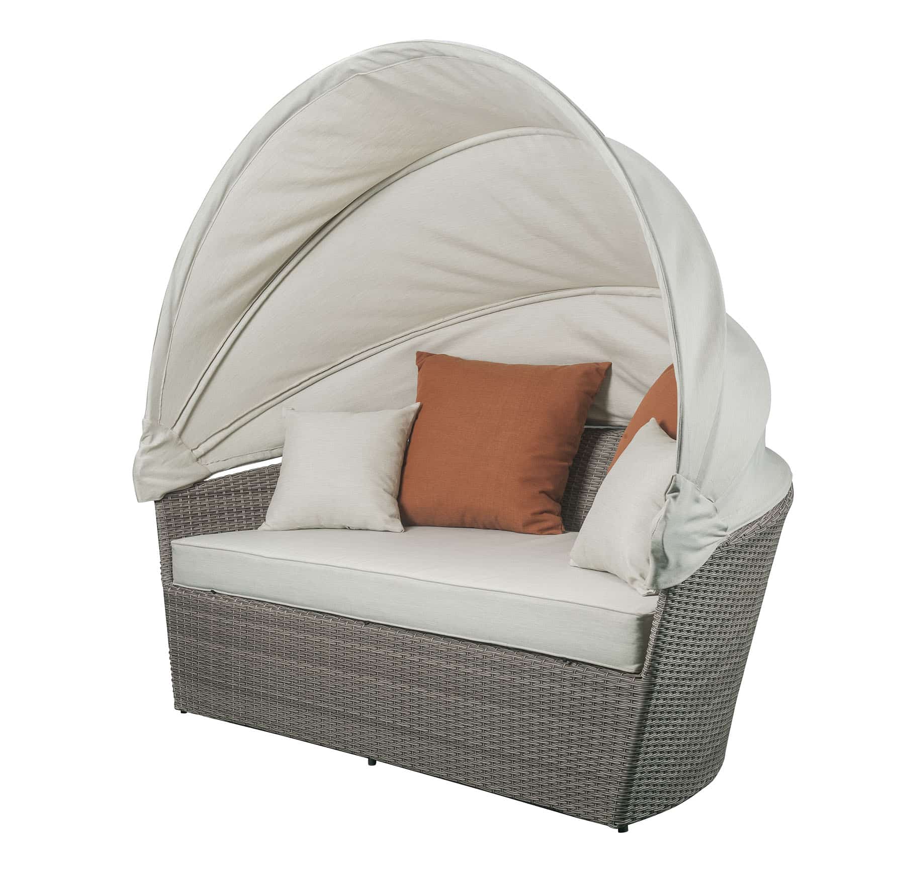 Set Of Two Beige Fabric And Gray Wicker Patio Canopy Daybed - Image 4