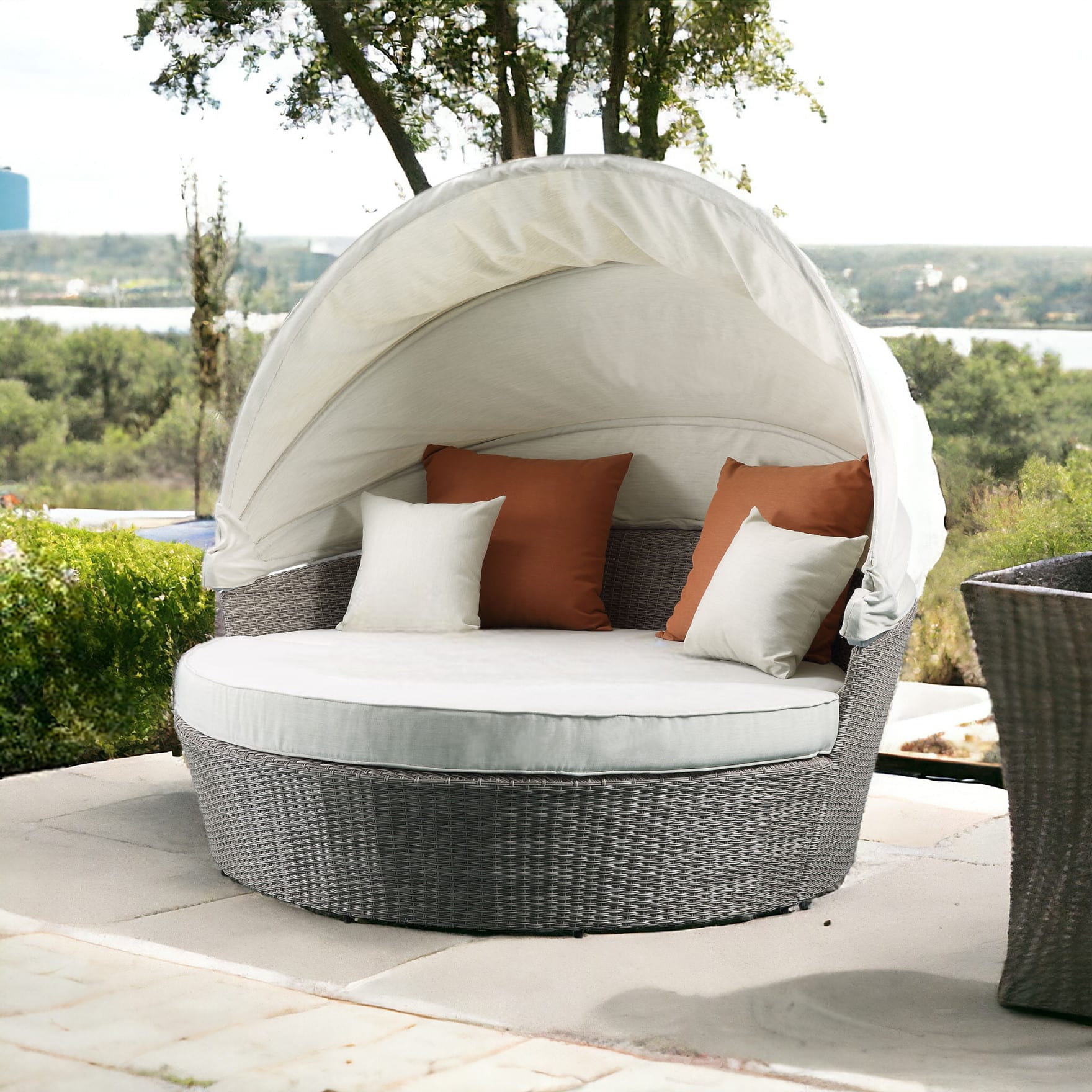 Set Of Two Beige Fabric And Gray Wicker Patio Canopy Daybed - Image 2