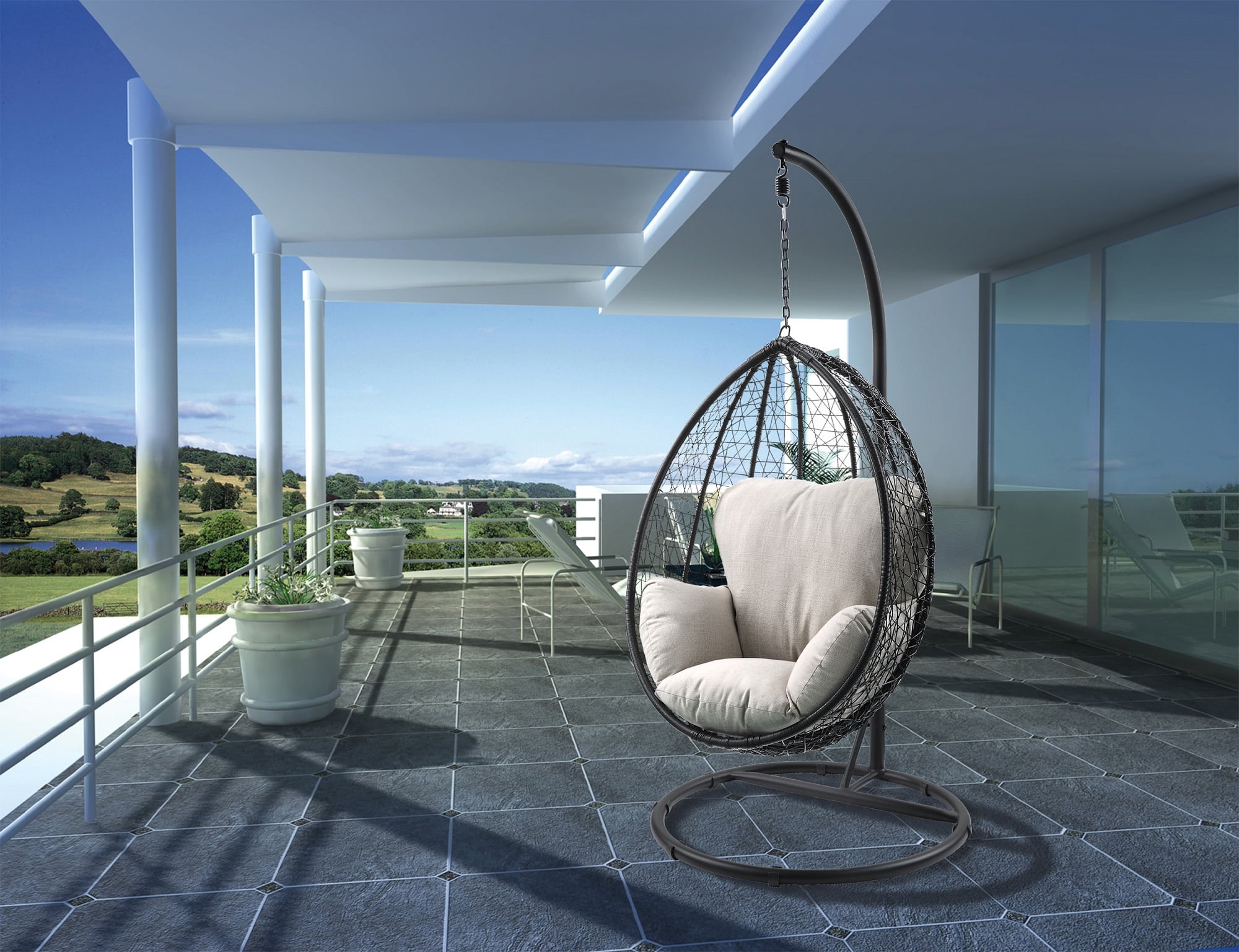 38" Black Metal Swing Chair With Beige Cushion - Image 4