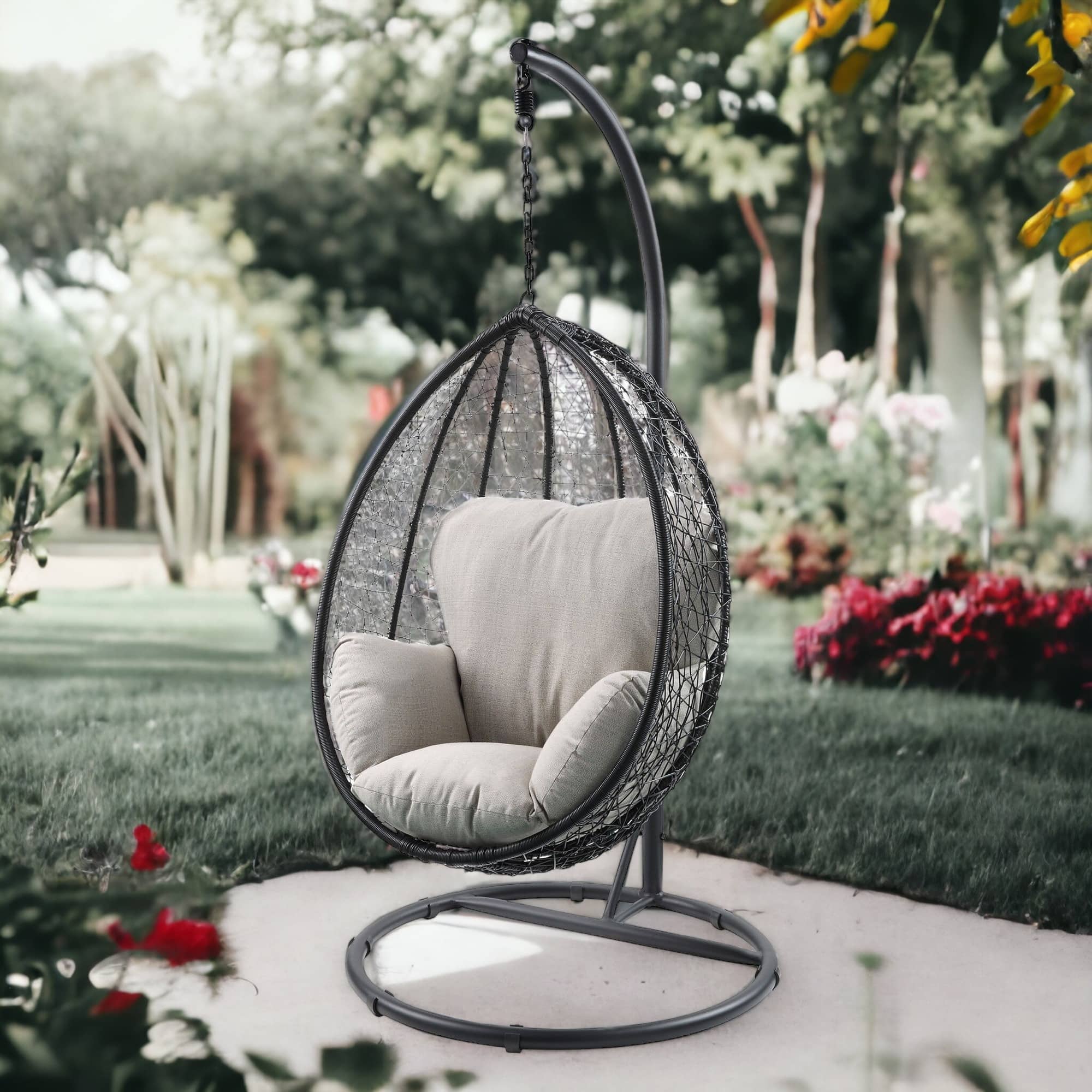 38" Black Metal Swing Chair With Beige Cushion - Image 6