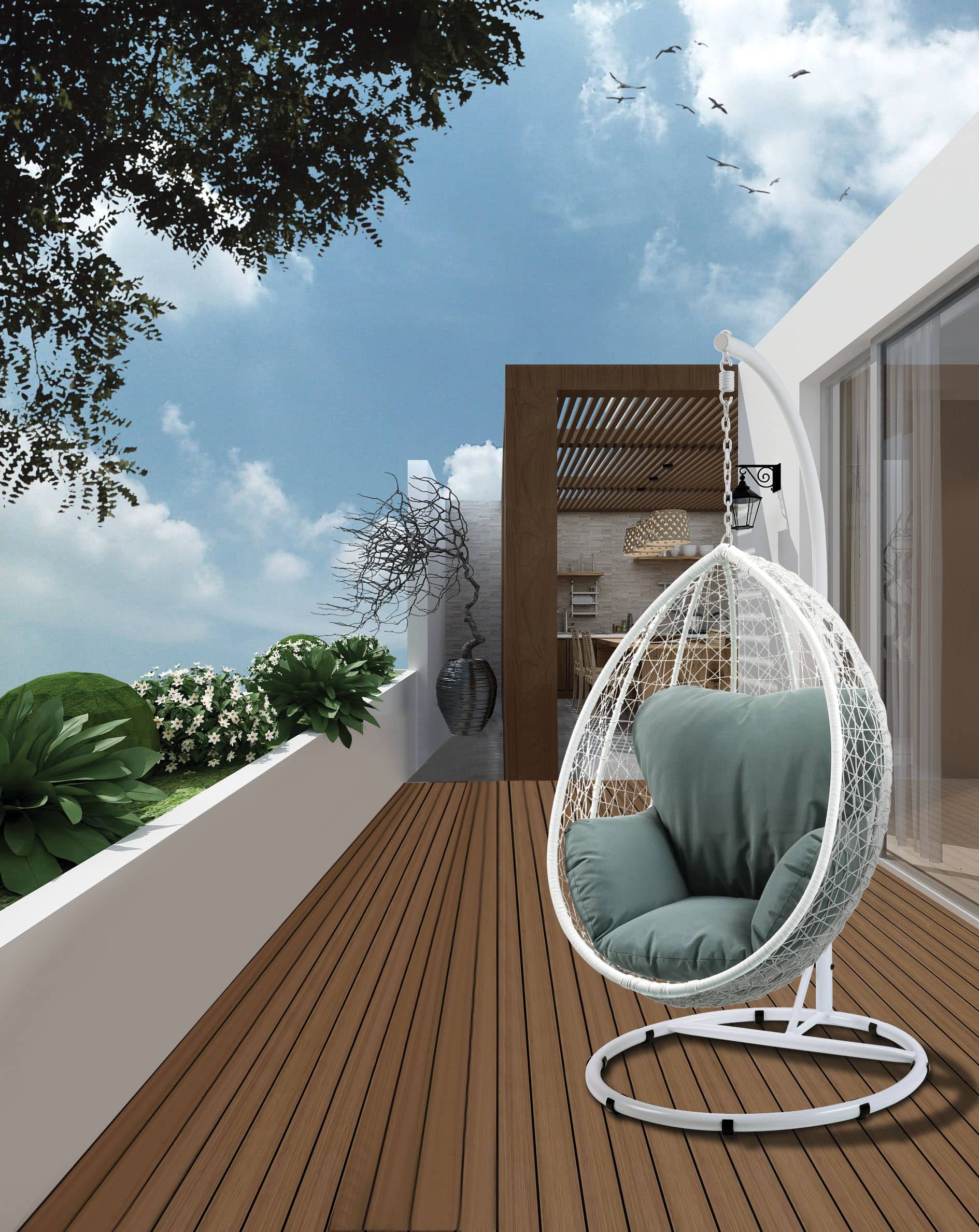 38" White Metal Swing Chair With Green Cushion - Image 3
