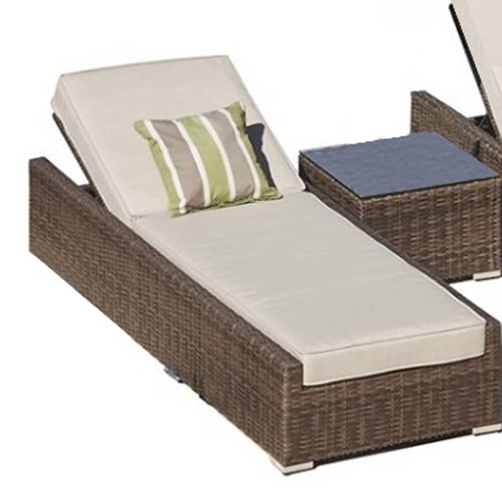78" Set of Two Brown Indoor Outdoor Chaise Lounge with Beige Cushion - Image 5