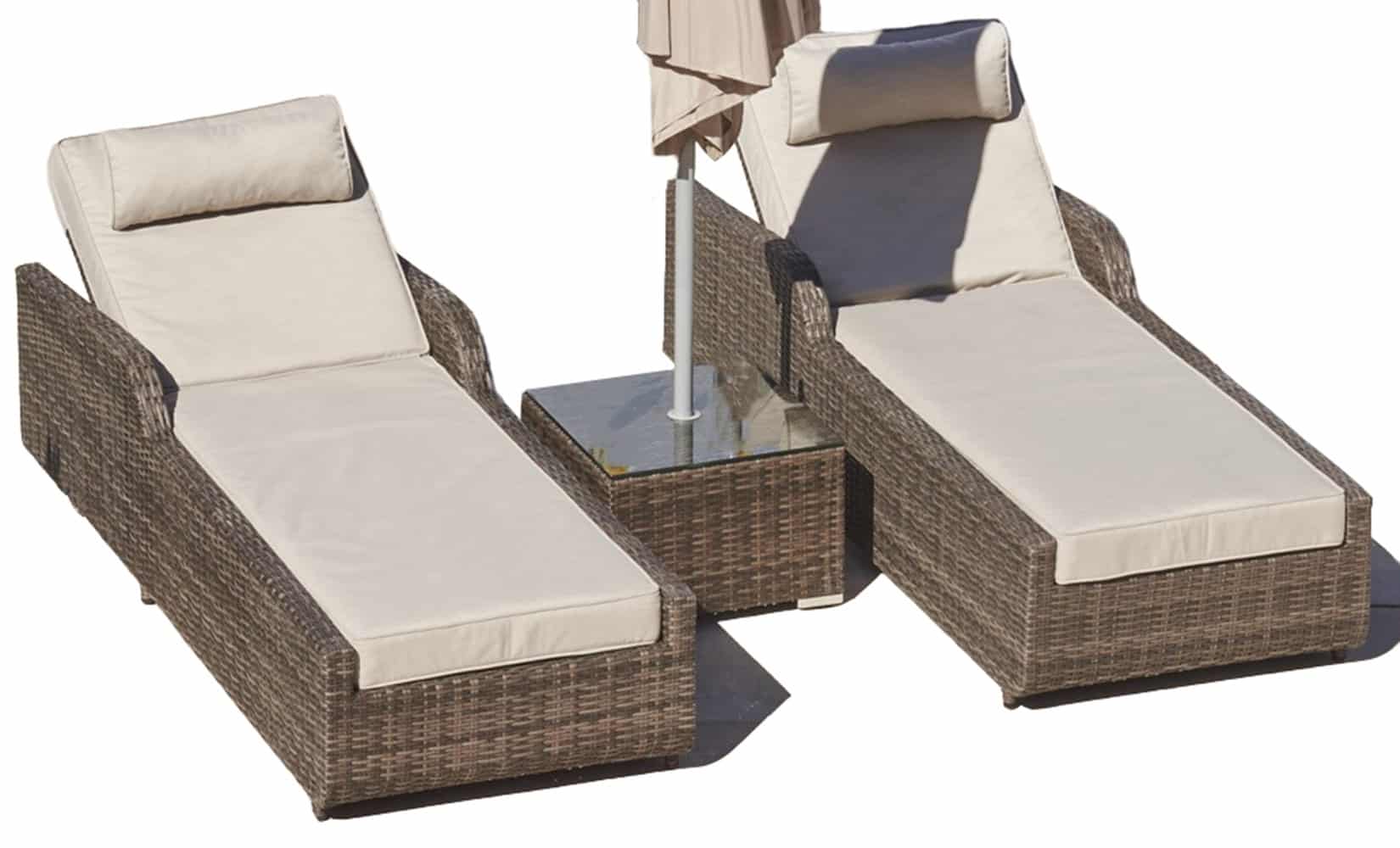 78" Set of Two Brown Indoor Outdoor Chaise Lounge with Beige Cushion - Image 2