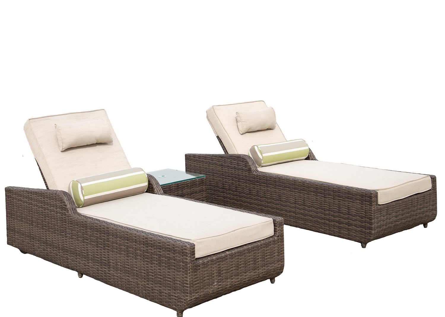 78" Set of Two Brown Indoor Outdoor Chaise Lounge with Beige Cushion - Image 8