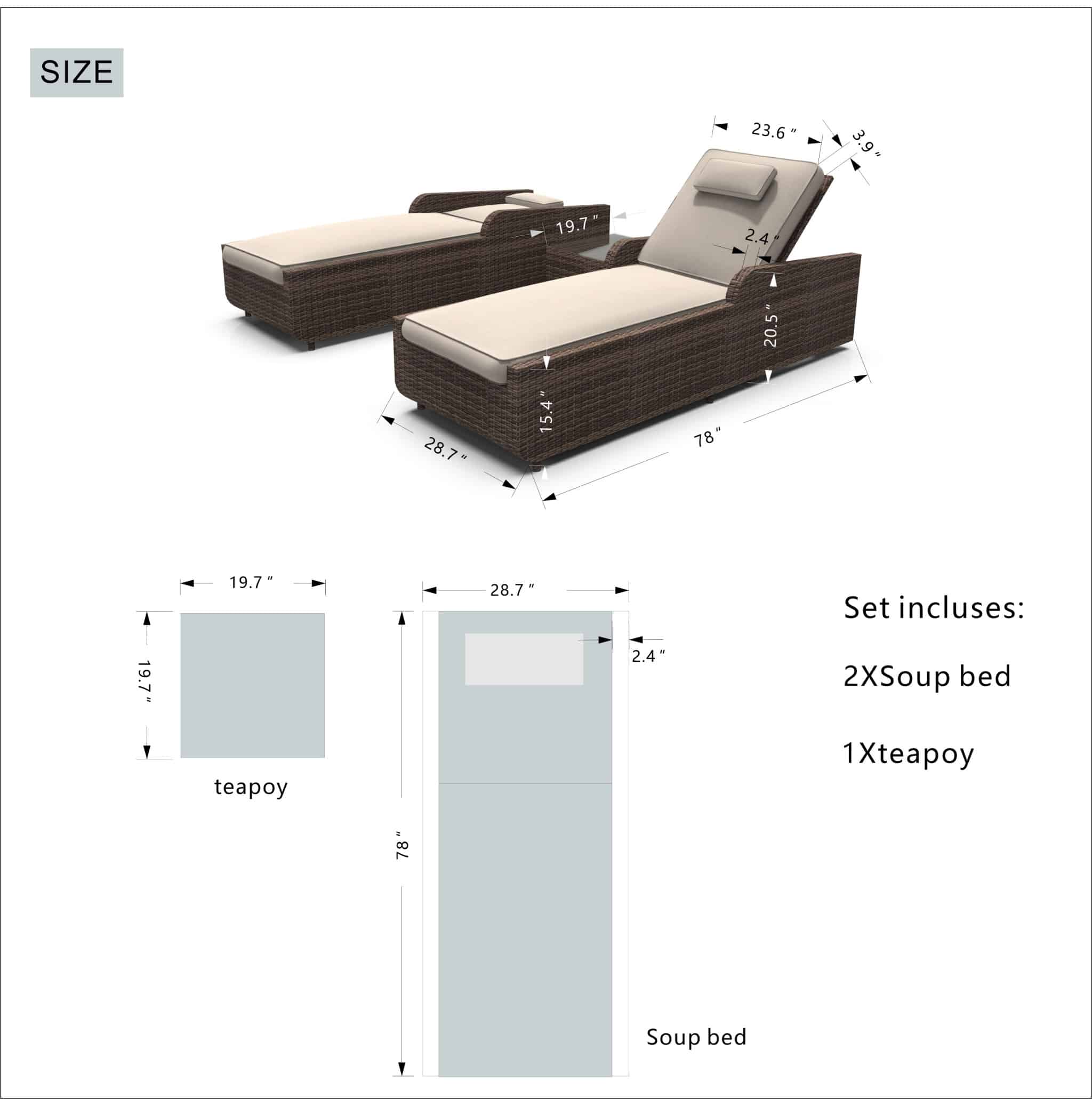 78" Set of Two Brown Indoor Outdoor Chaise Lounge with Beige Cushion - Image 3