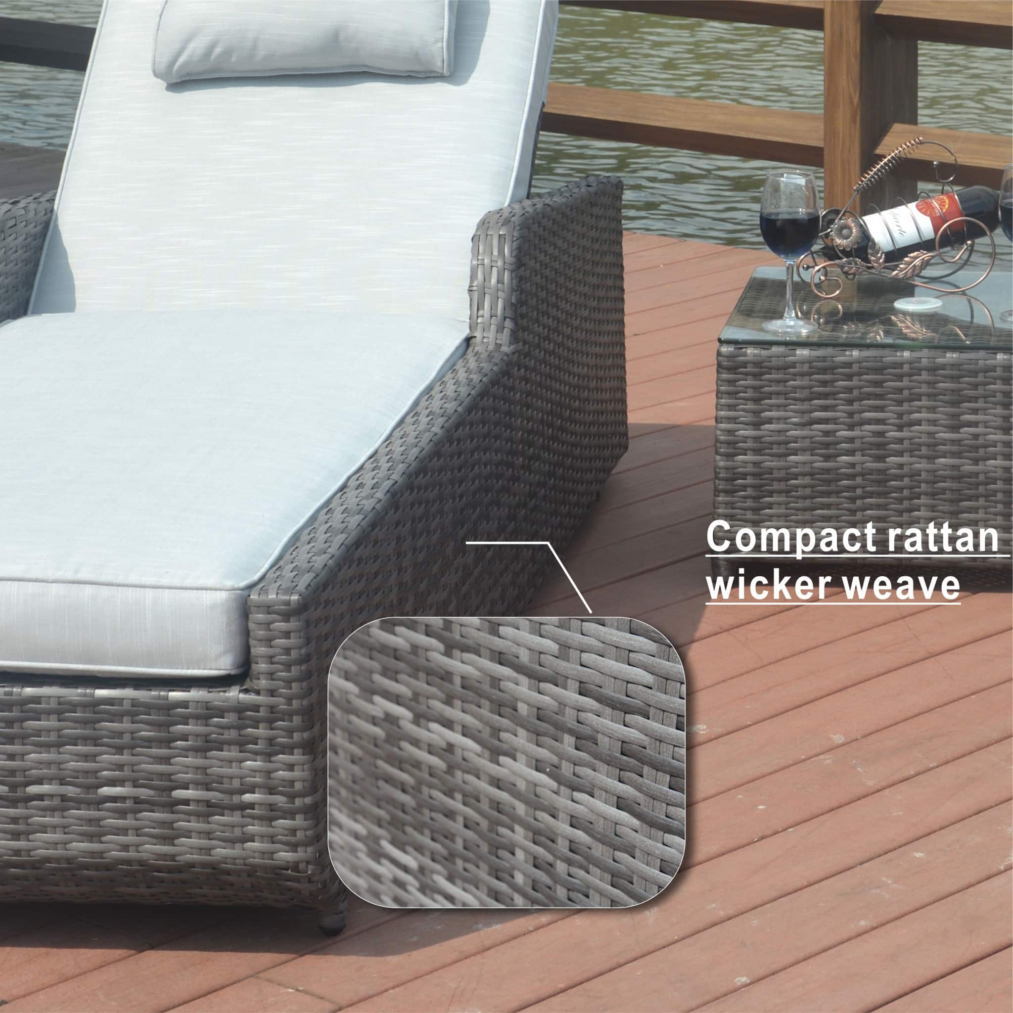 78" Set of Two Brown Indoor Outdoor Chaise Lounge with Beige Cushion - Image 5