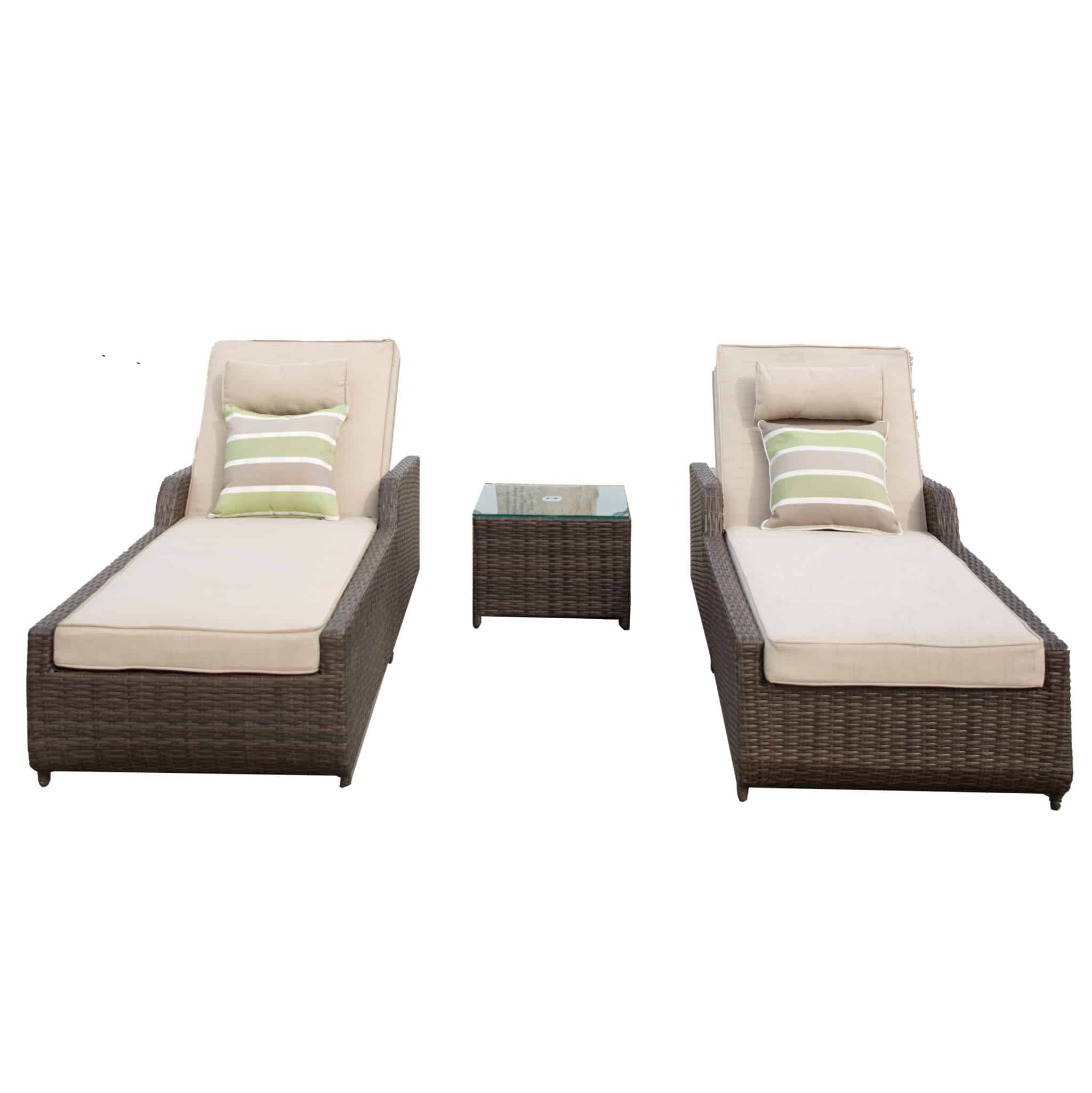 78" Set of Two Brown Indoor Outdoor Chaise Lounge with Beige Cushion - Image 9