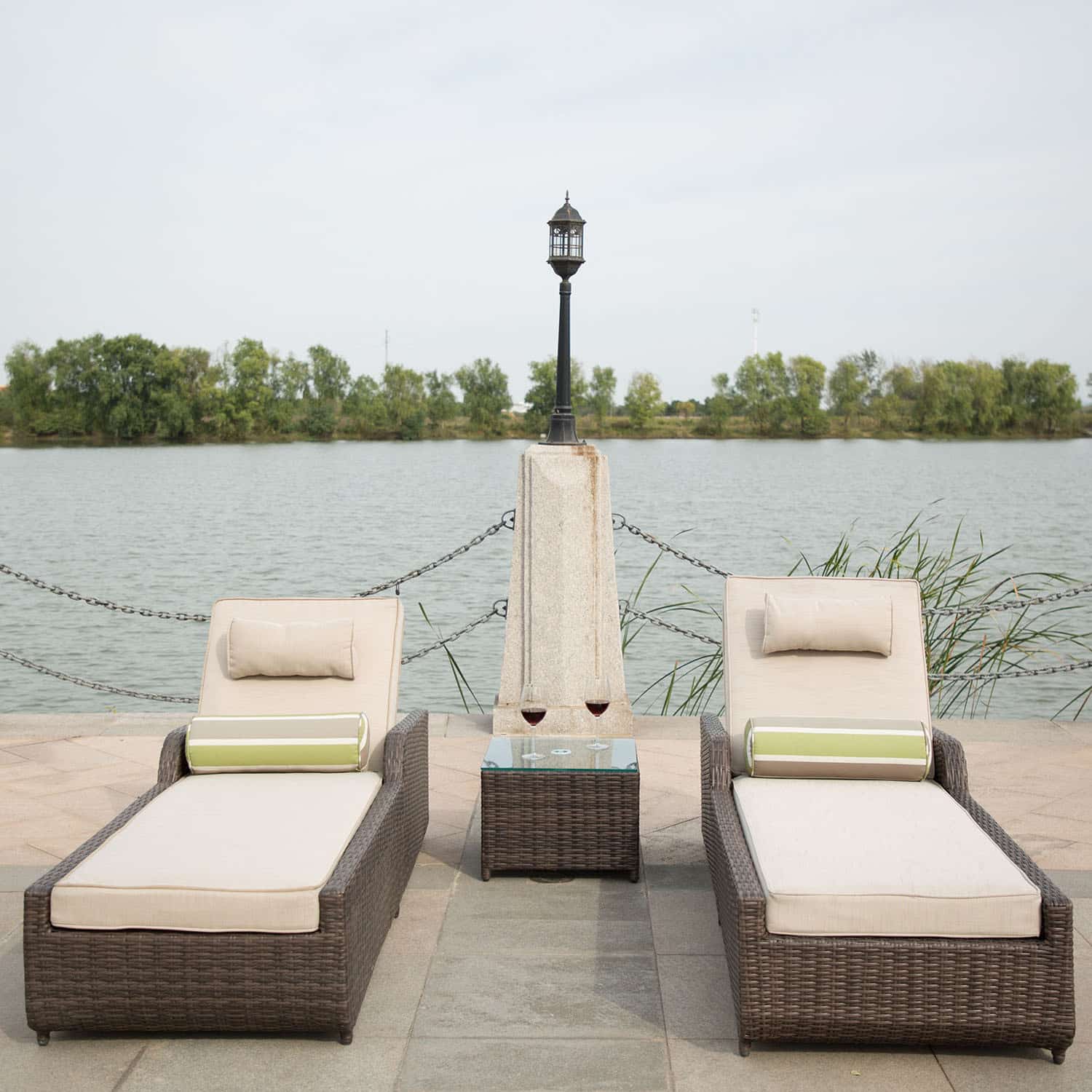 78" Set of Two Brown Indoor Outdoor Chaise Lounge with Beige Cushion - Image 4