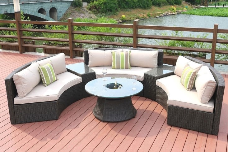 Six Piece Outdoor Black Wicker Sectional Seating Group with Beige Cushions - Image 8