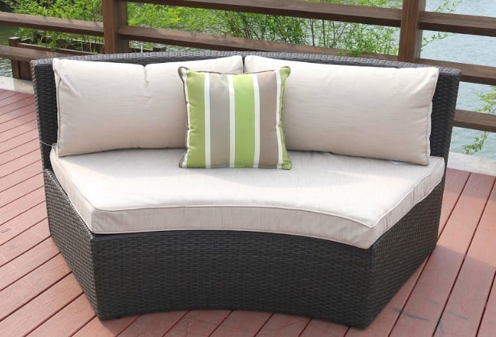 Six Piece Outdoor Black Wicker Sectional Seating Group with Beige Cushions - Image 5
