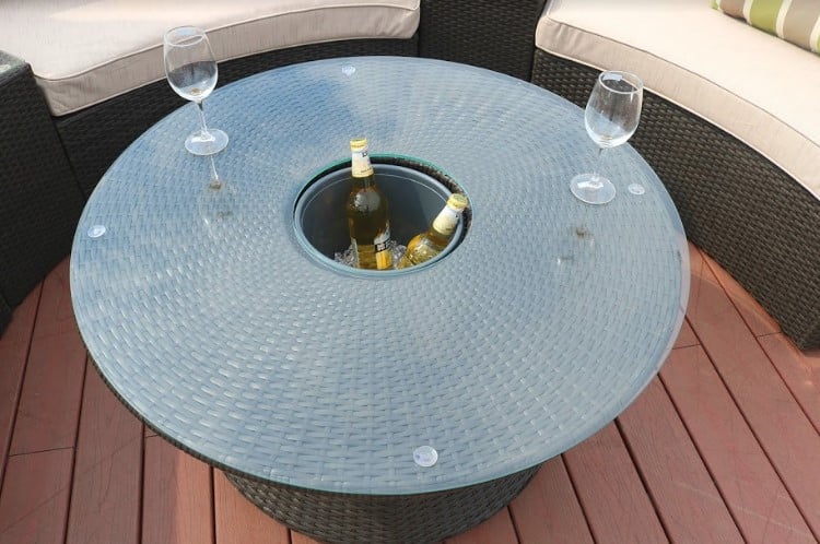 Six Piece Outdoor Black Wicker Sectional Seating Group with Beige Cushions - Image 7