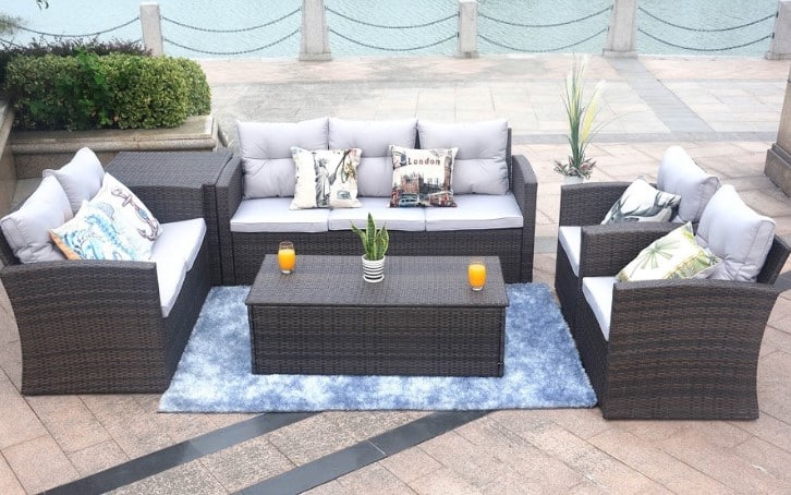 Six Piece Outdoor Brown Metal Sofa Seating Group With Cushions - Image 5