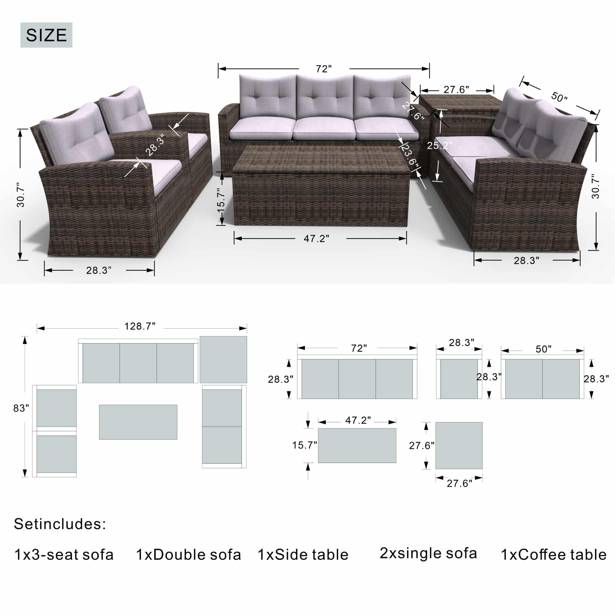 Six Piece Outdoor Brown Metal Sofa Seating Group With Cushions - Image 2