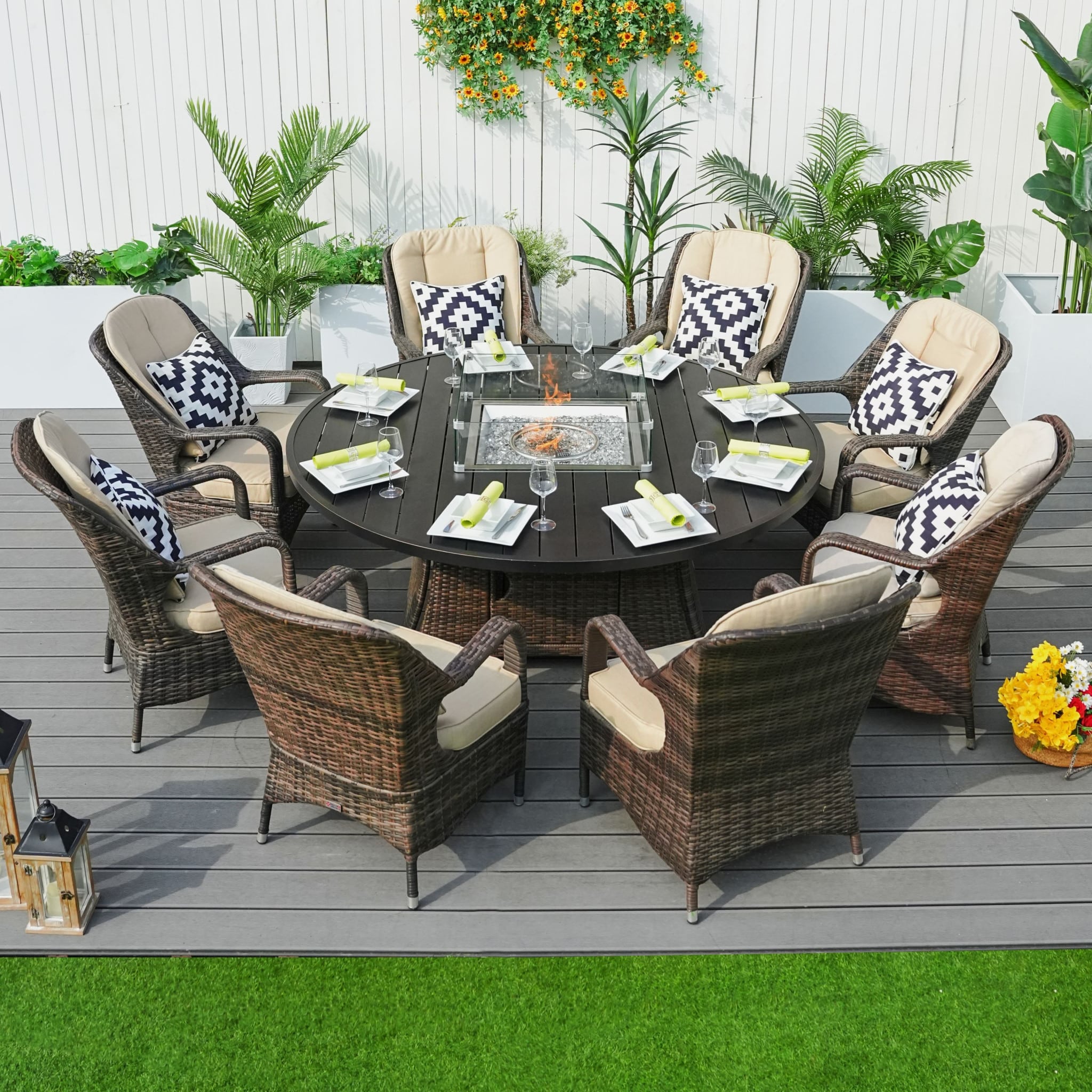 Brown Wicker Round Outdoor Fire Pit Dining Set With 8 Chairs - Image 2