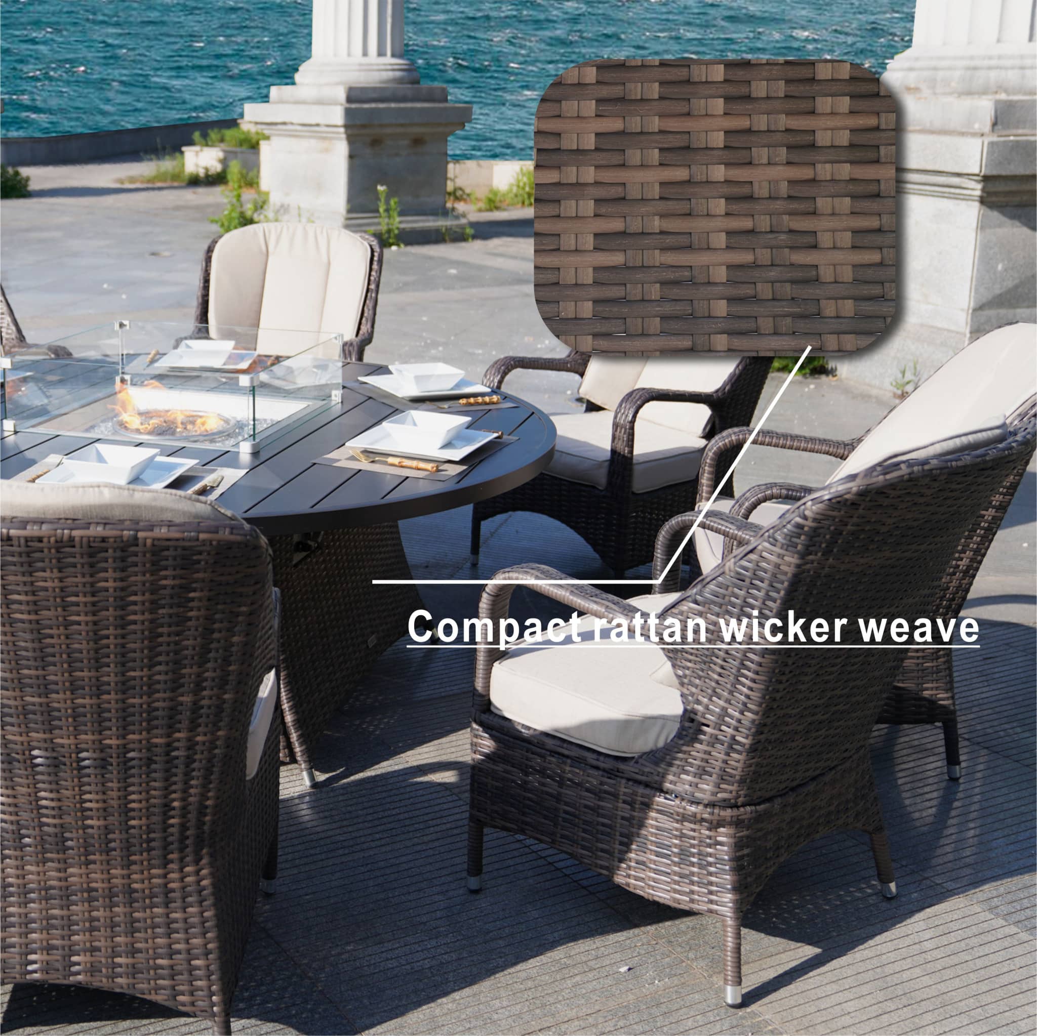 Brown Wicker Round Outdoor Fire Pit Dining Set With 8 Chairs - Image 10