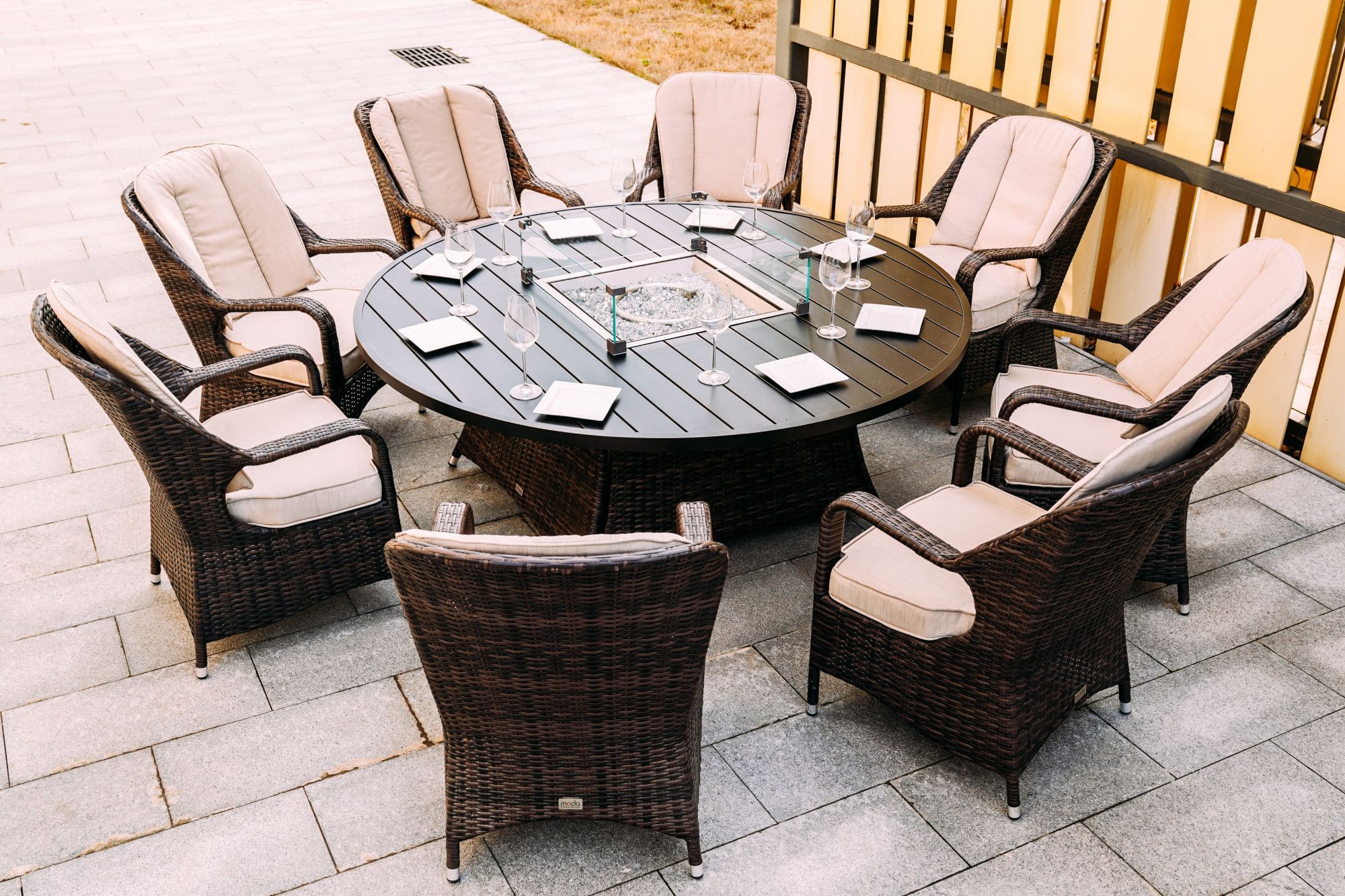 Brown Wicker Round Outdoor Fire Pit Dining Set With 8 Chairs - Image 7