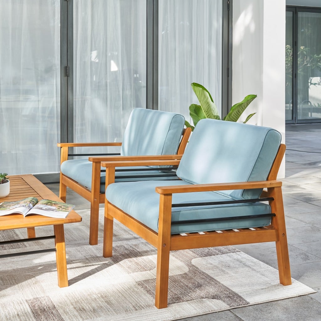 Natural Wood Outdoor Armchair with Aqua Cushion - Image 4