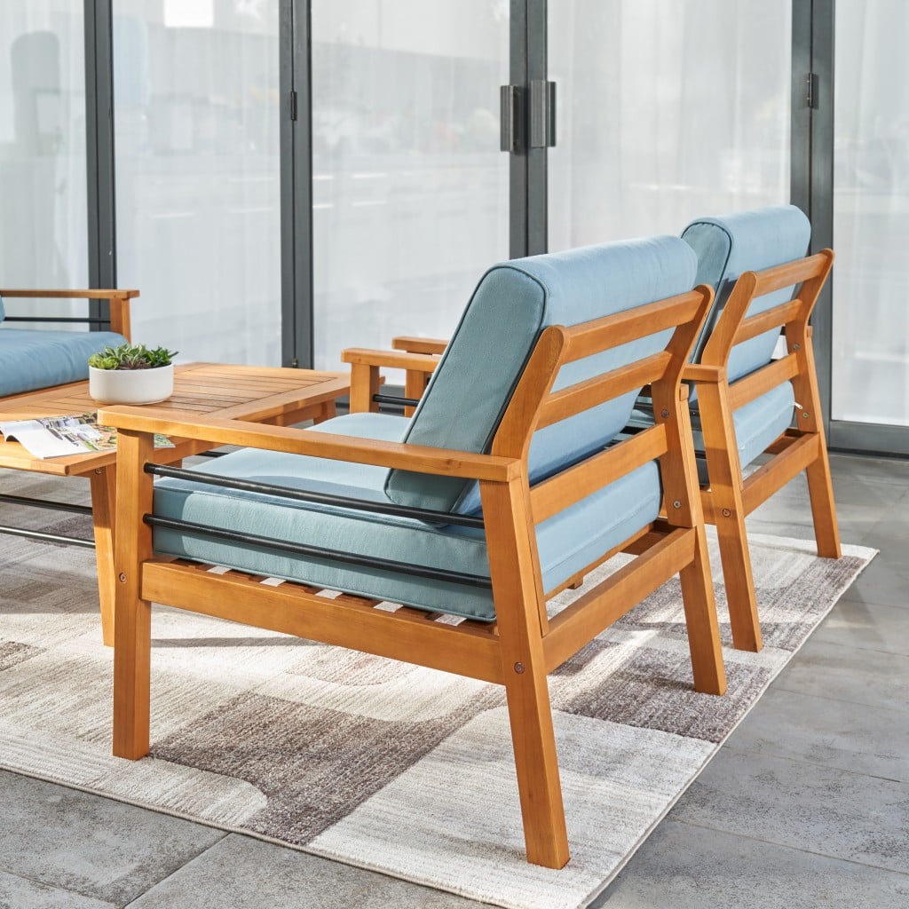 Natural Wood Outdoor Armchair with Aqua Cushion - Image 5