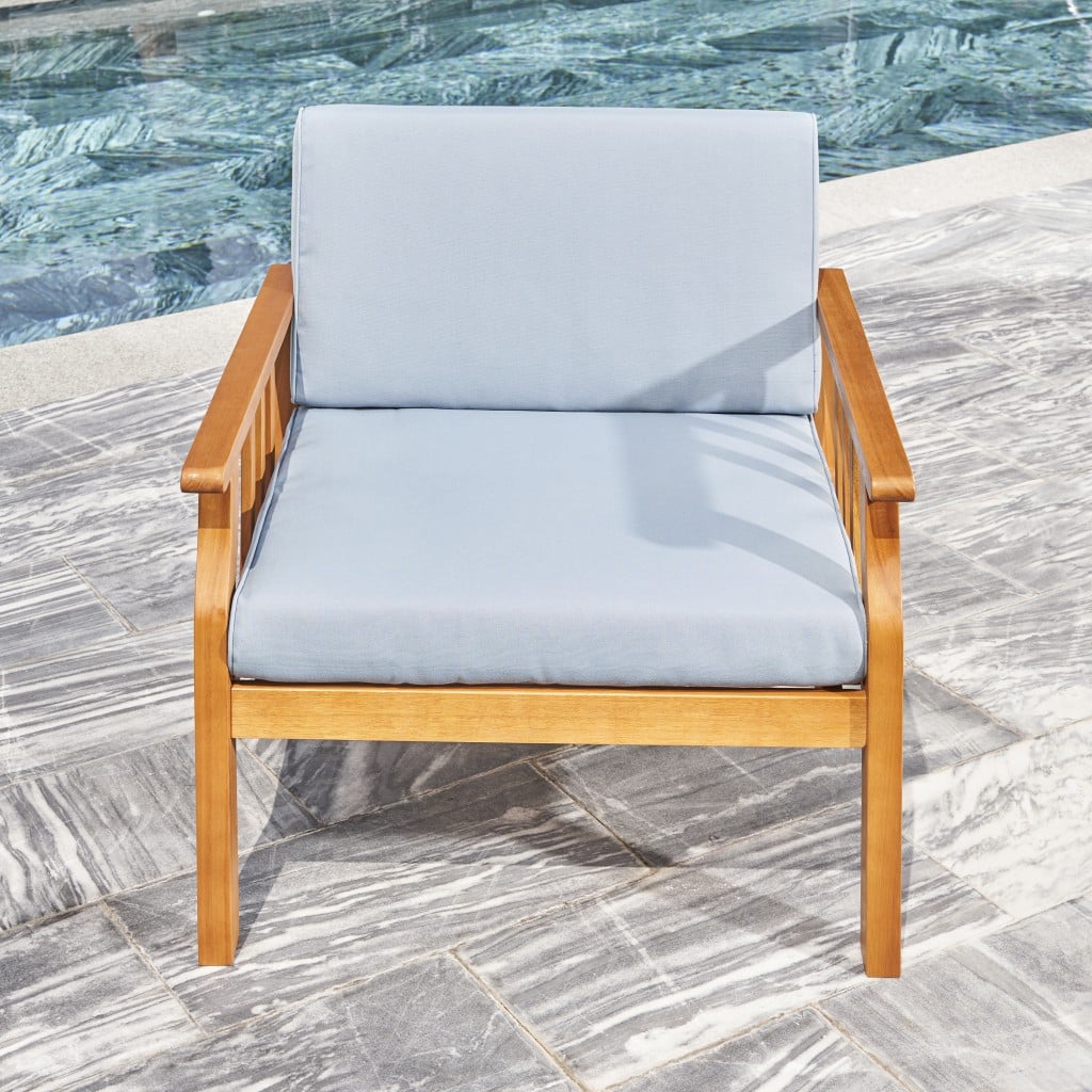 33" Natural Eucalyptus Slat Wood Outdoor Accent Chair with Aqua Cushion - Image 6