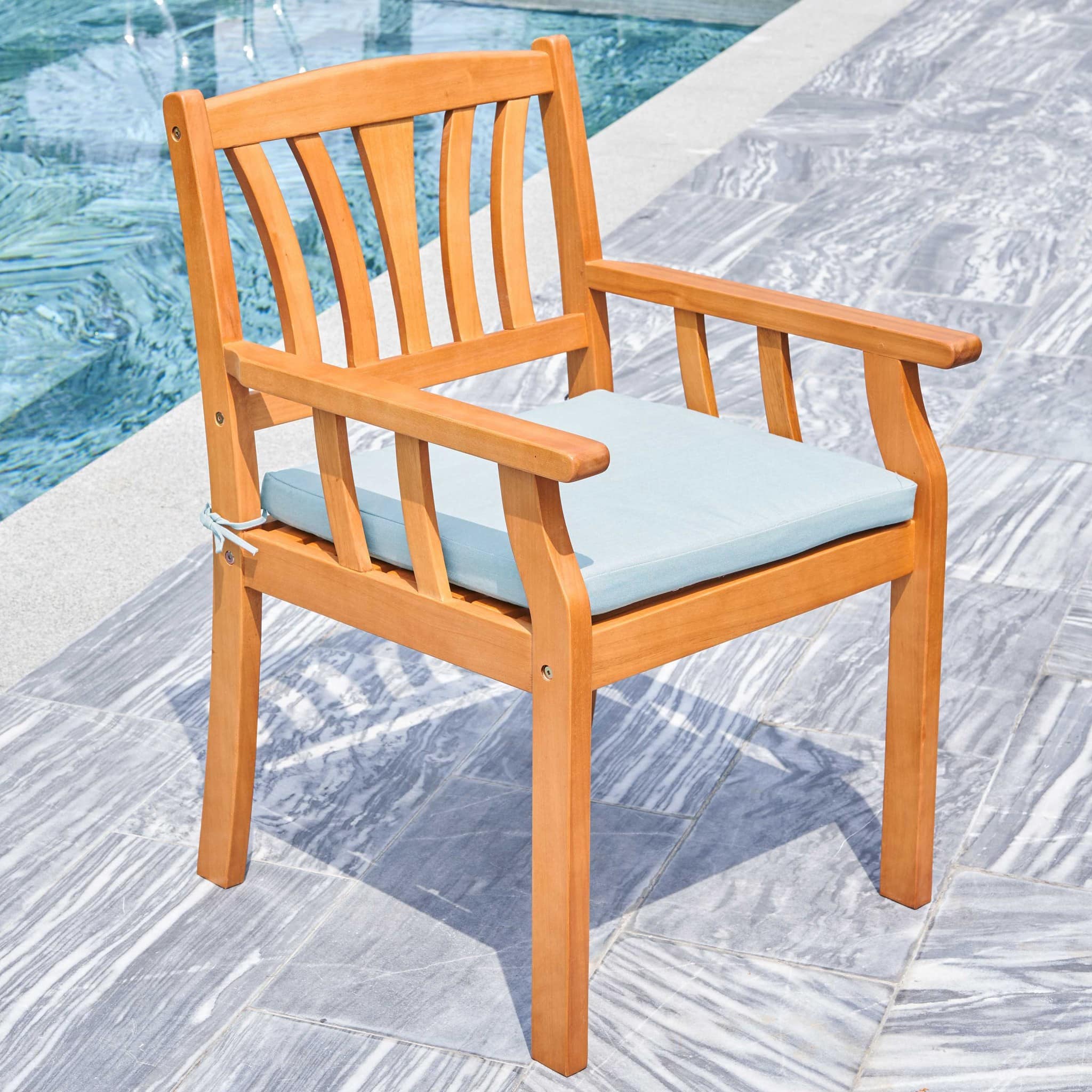 35" Natural Eucalyptus Slat Wood Outdoor Accent Chair with Aqua Cushion - Image 4