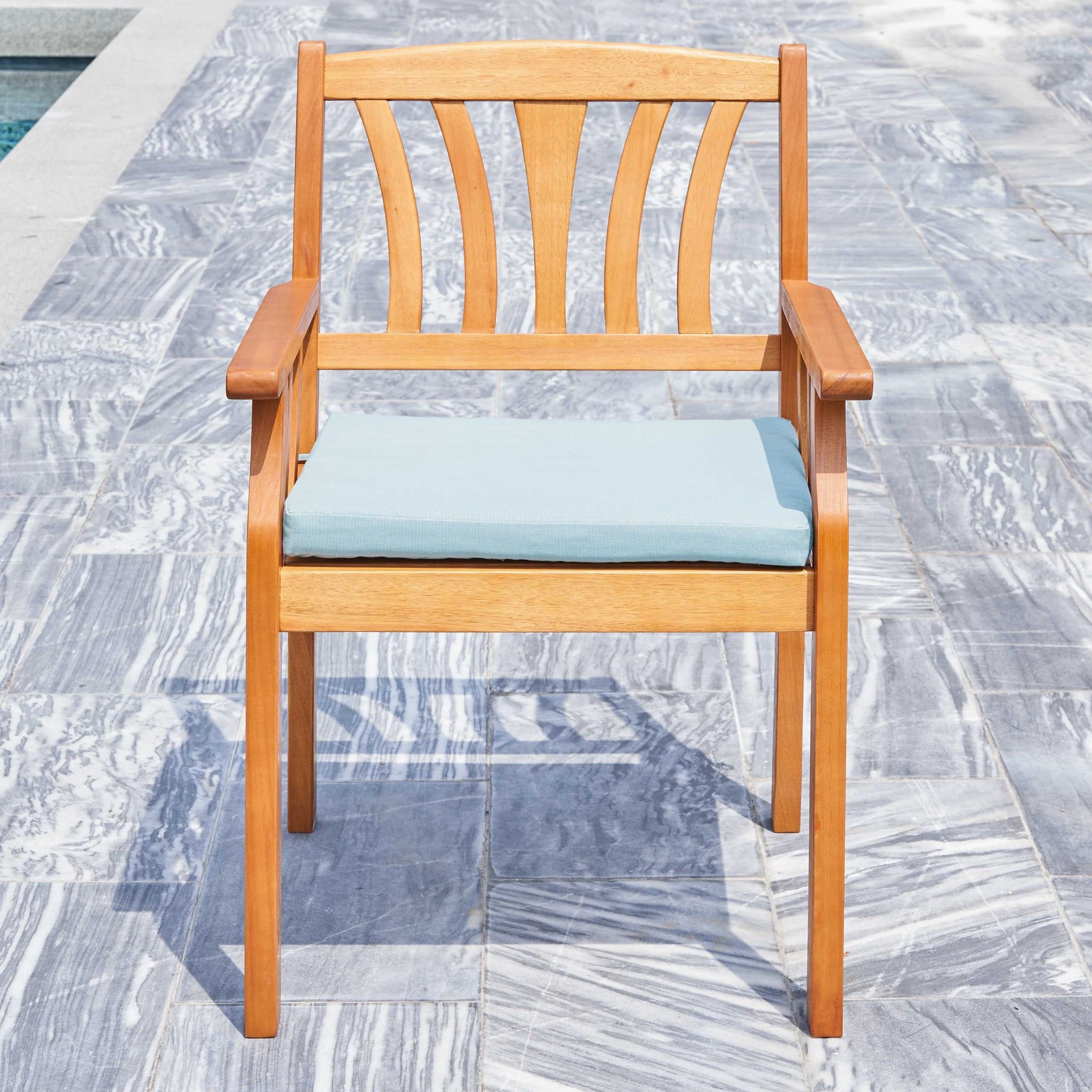 35" Natural Eucalyptus Slat Wood Outdoor Accent Chair with Aqua Cushion - Image 5