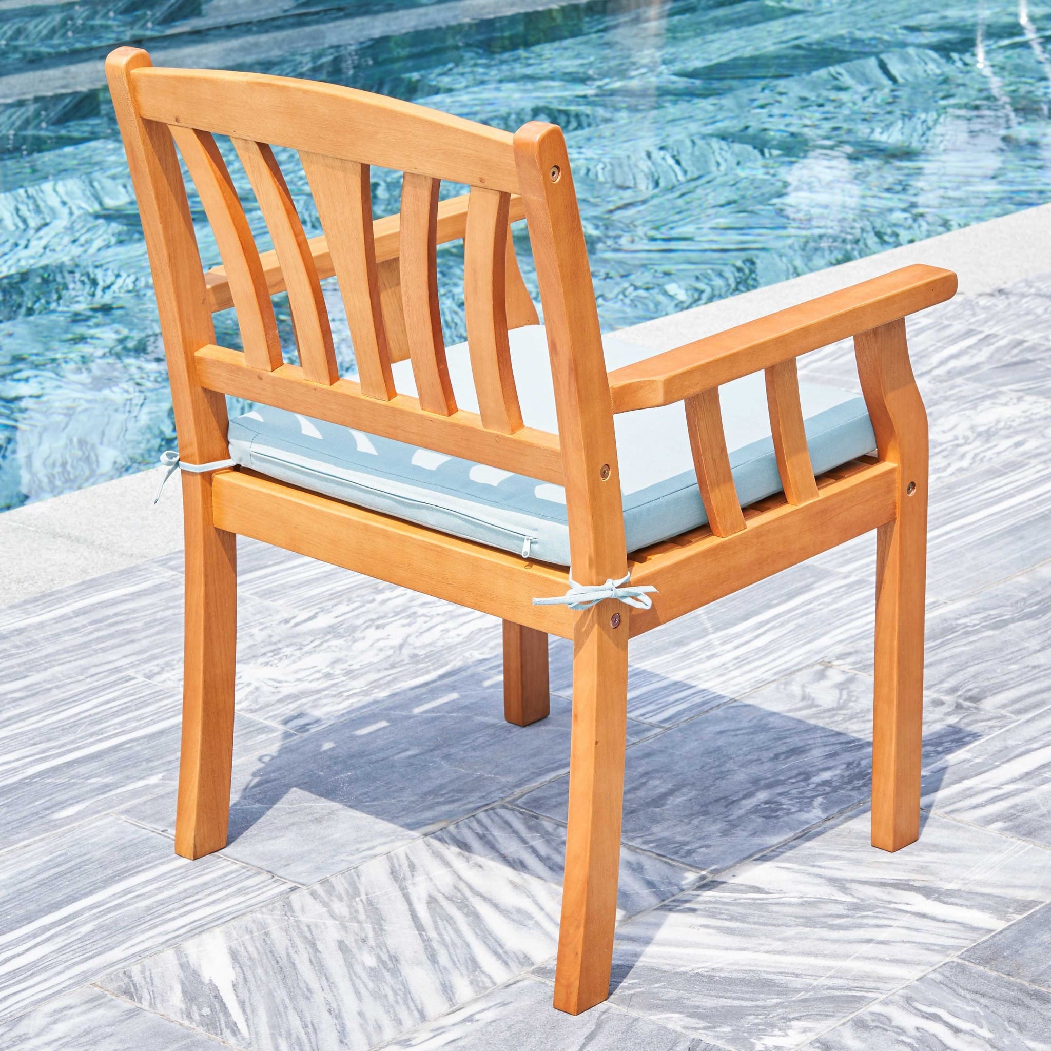 35" Natural Eucalyptus Slat Wood Outdoor Accent Chair with Aqua Cushion - Image 6