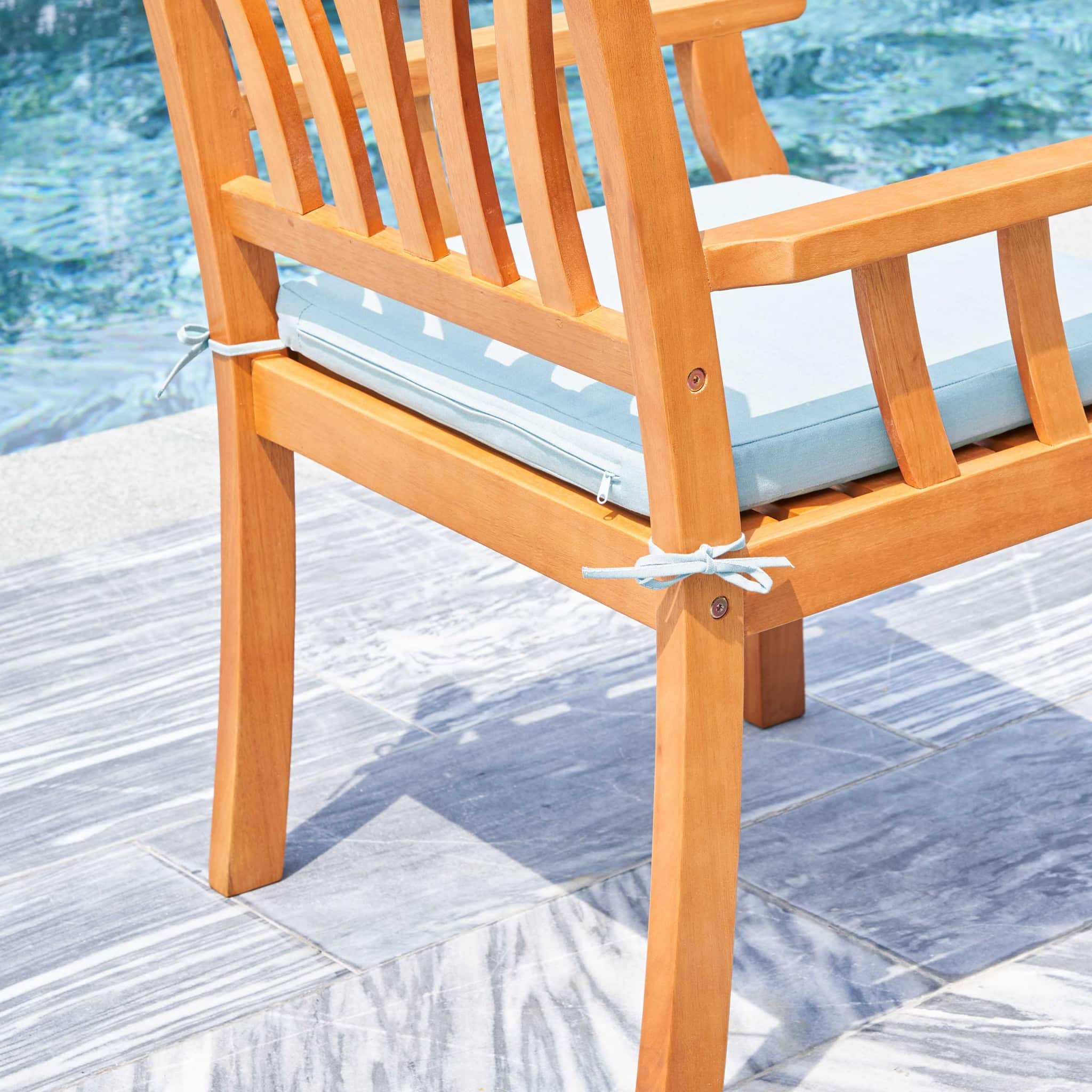 35" Natural Eucalyptus Slat Wood Outdoor Accent Chair with Aqua Cushion - Image 7