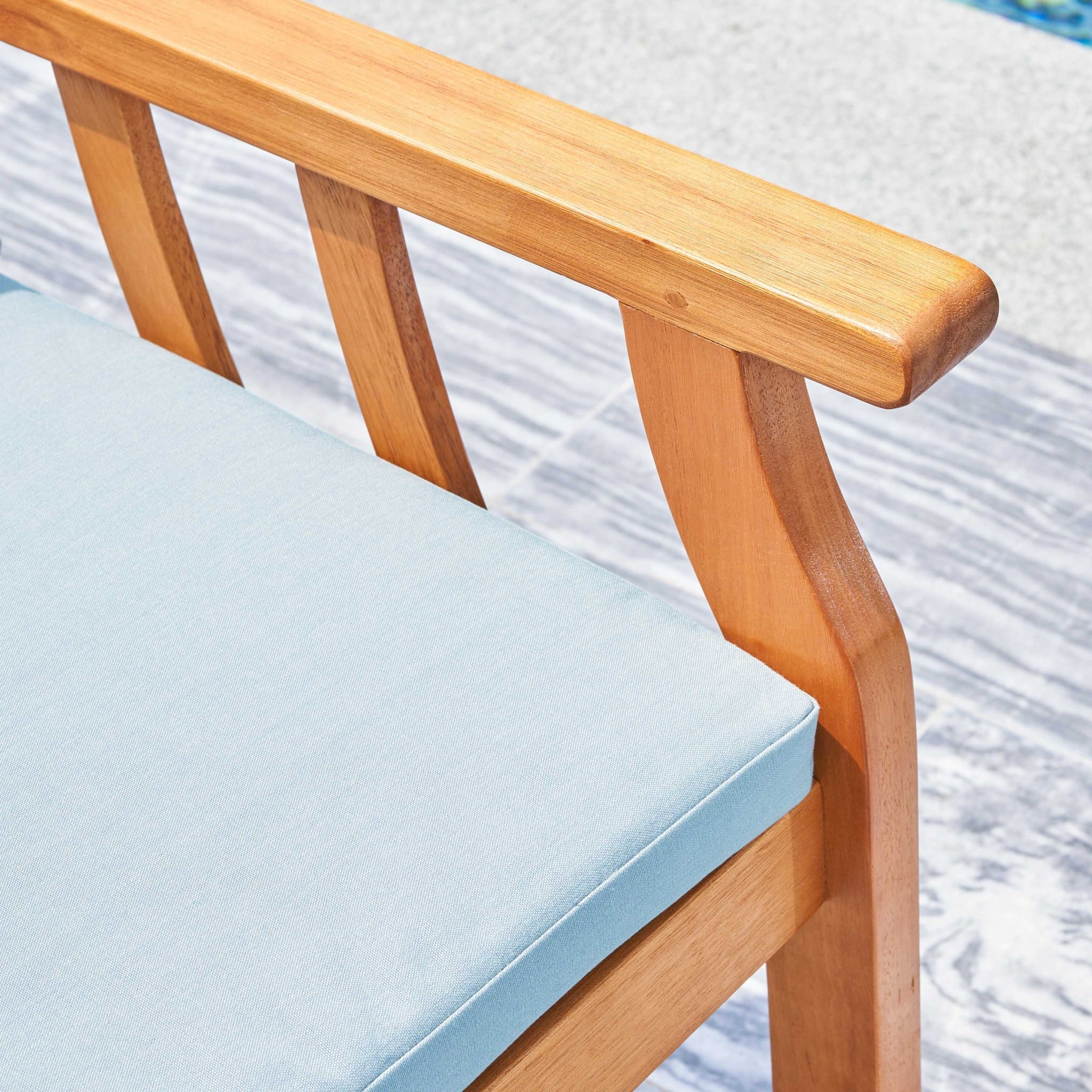 35" Natural Eucalyptus Slat Wood Outdoor Accent Chair with Aqua Cushion - Image 9