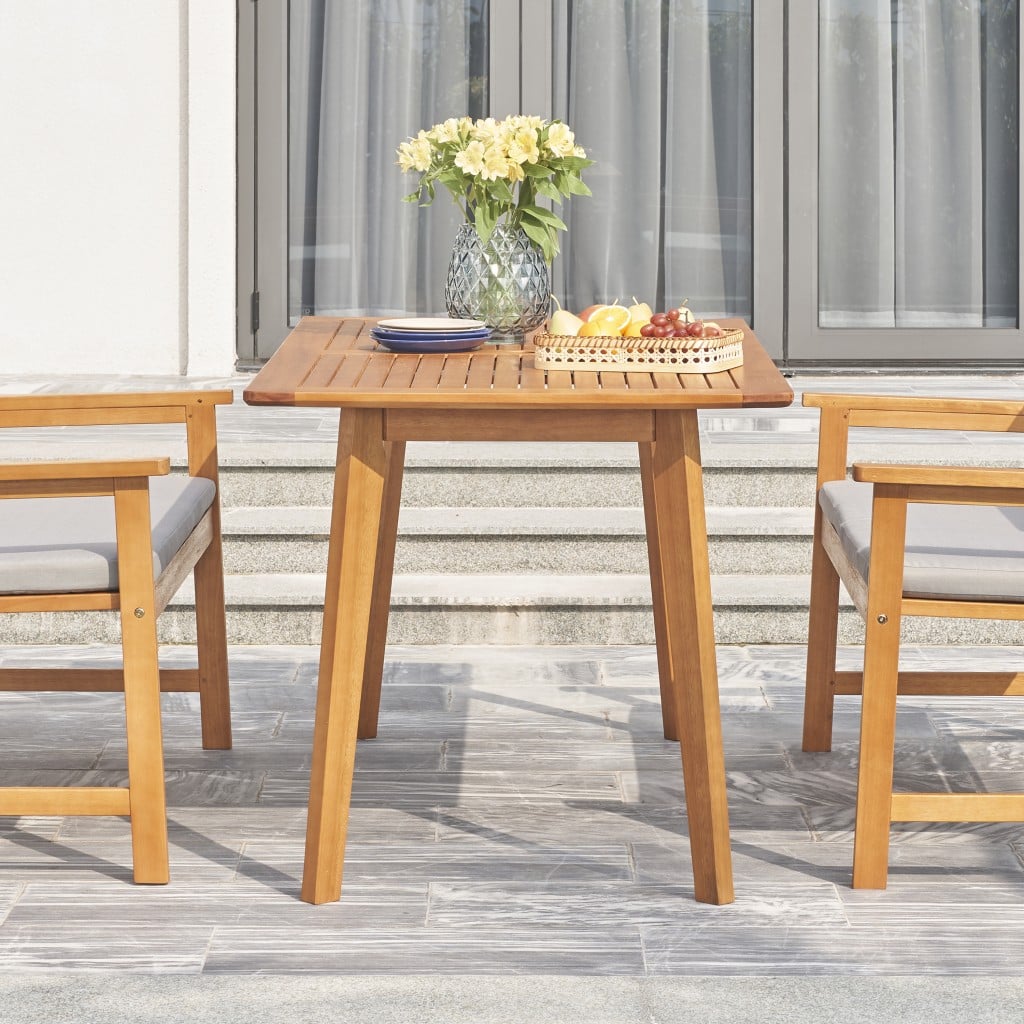 59" Natural Eucalyptus Slat Wood Splay Outdoor Dining Table With Umbrella Hole - Image 4