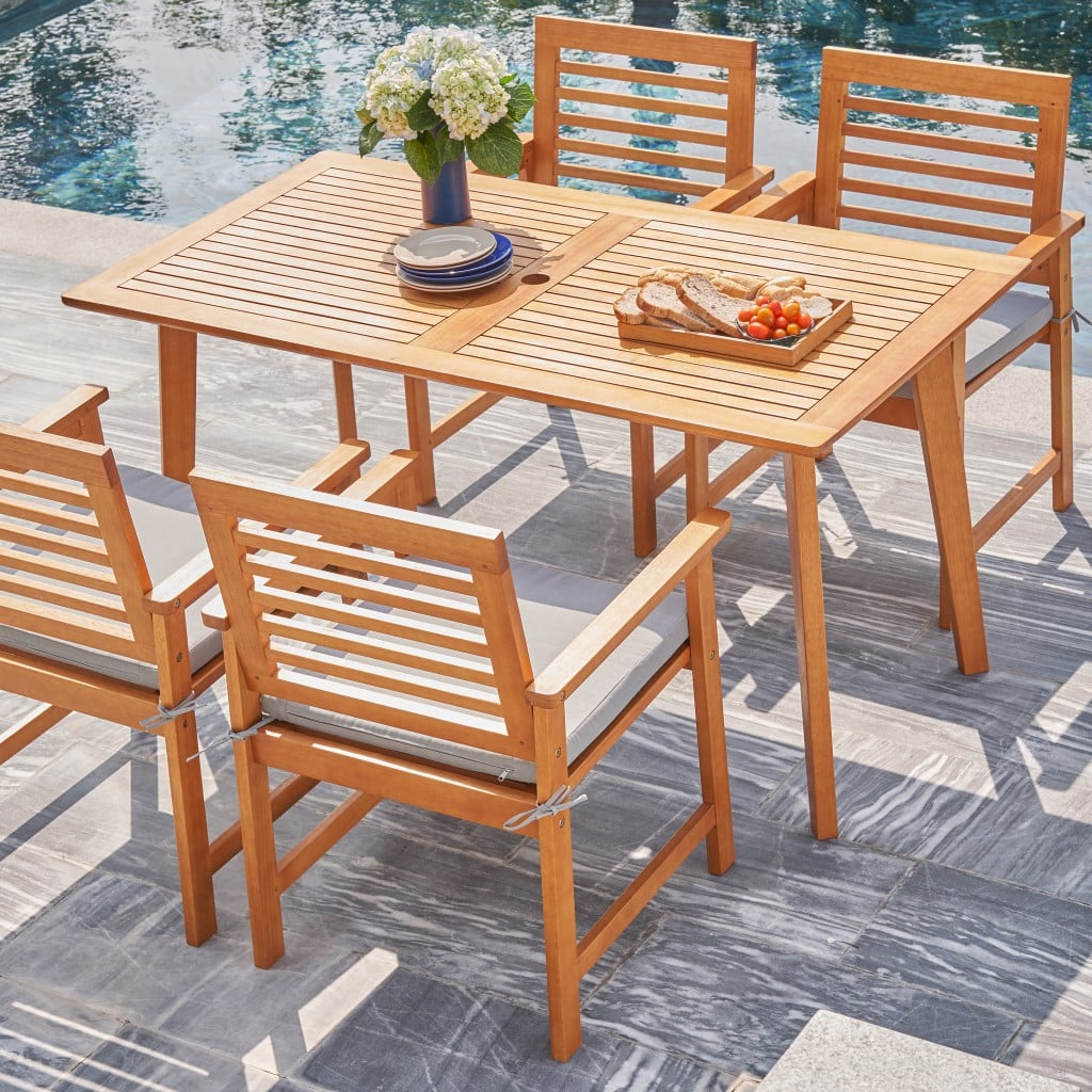 59" Natural Eucalyptus Slat Wood Splay Outdoor Dining Table With Umbrella Hole - Image 5