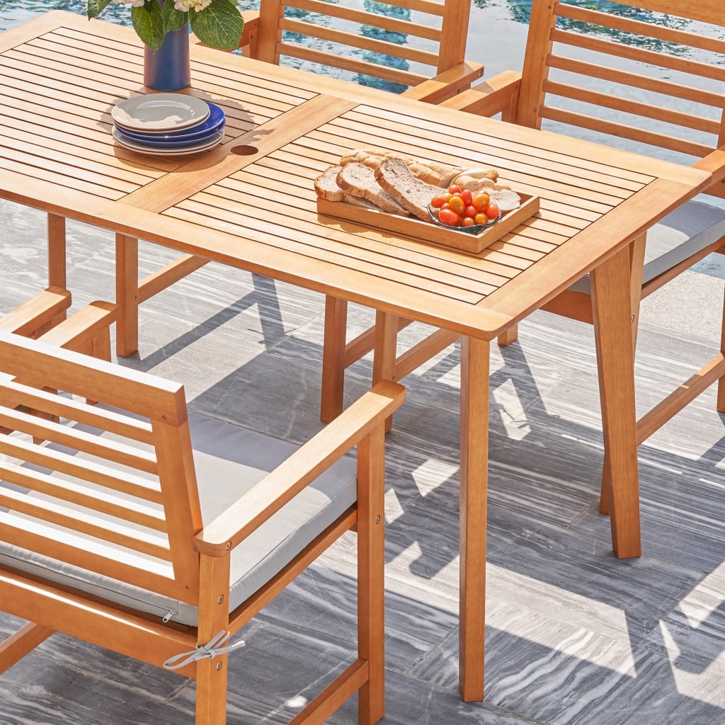 59" Natural Eucalyptus Slat Wood Splay Outdoor Dining Table With Umbrella Hole - Image 6
