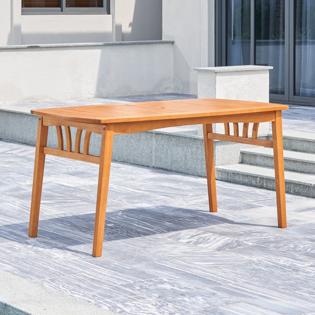 59" Natural Eucalyptus Wood Geo Outdoor Dining Table With Umbrella Hole - Image 3