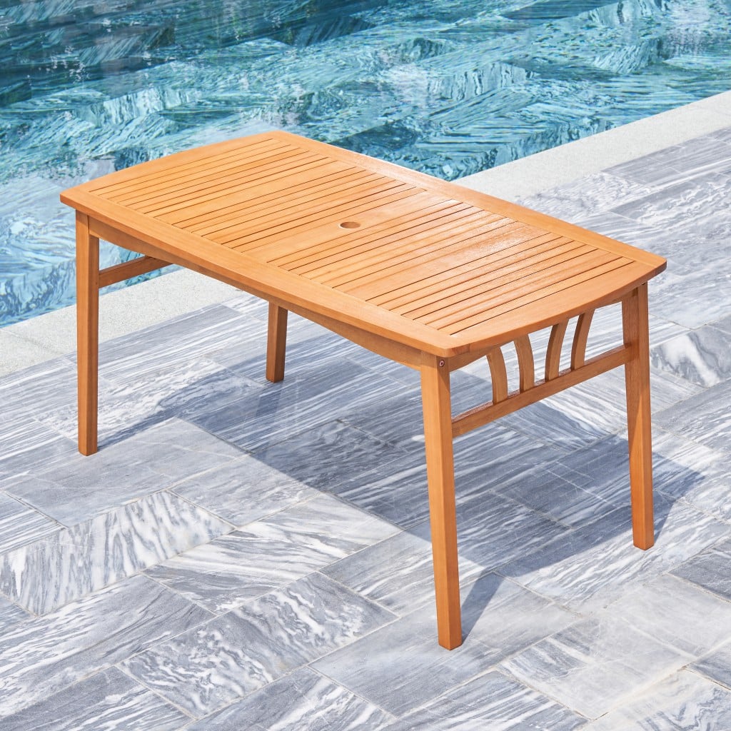 59" Natural Eucalyptus Wood Geo Outdoor Dining Table With Umbrella Hole - Image 4