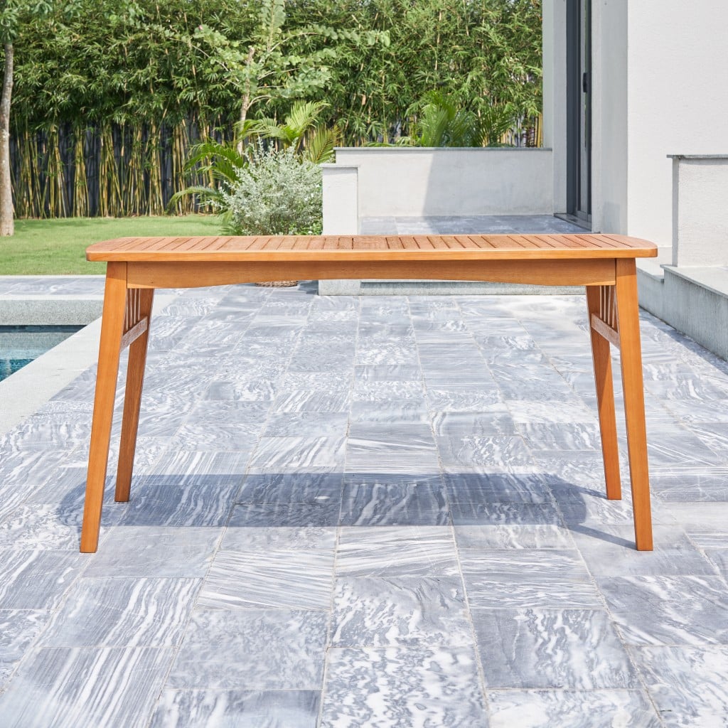 59" Natural Eucalyptus Wood Geo Outdoor Dining Table With Umbrella Hole - Image 5