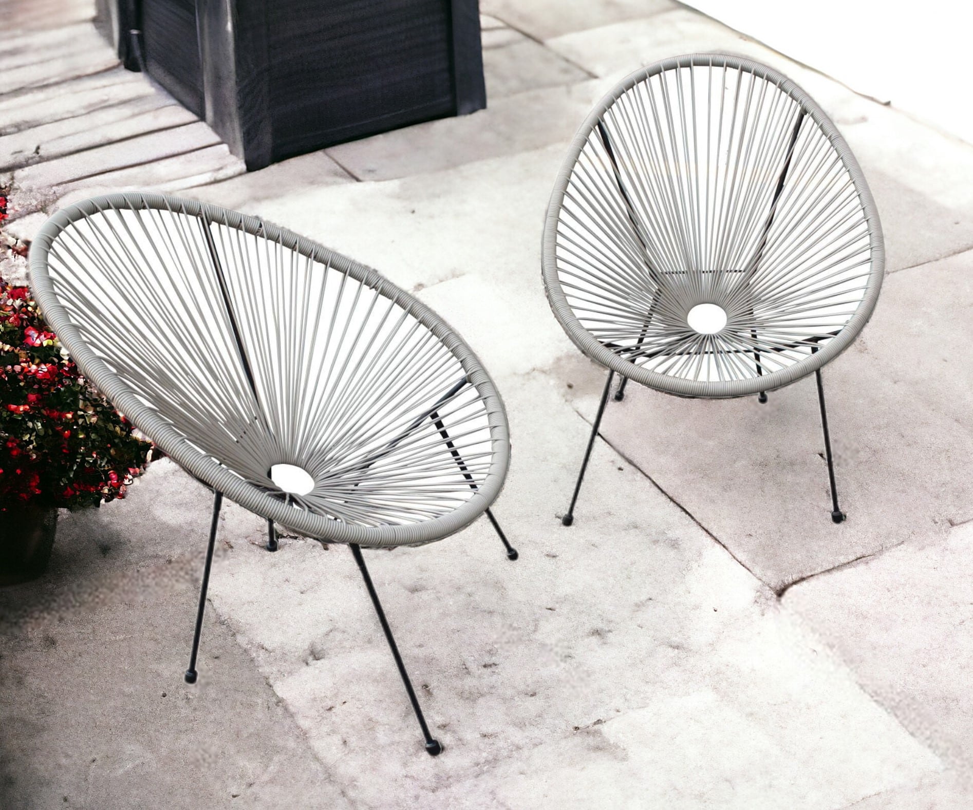 Set of Two 28" Gray and Black Indoor Outdoor String Accent Chairs - Image 2