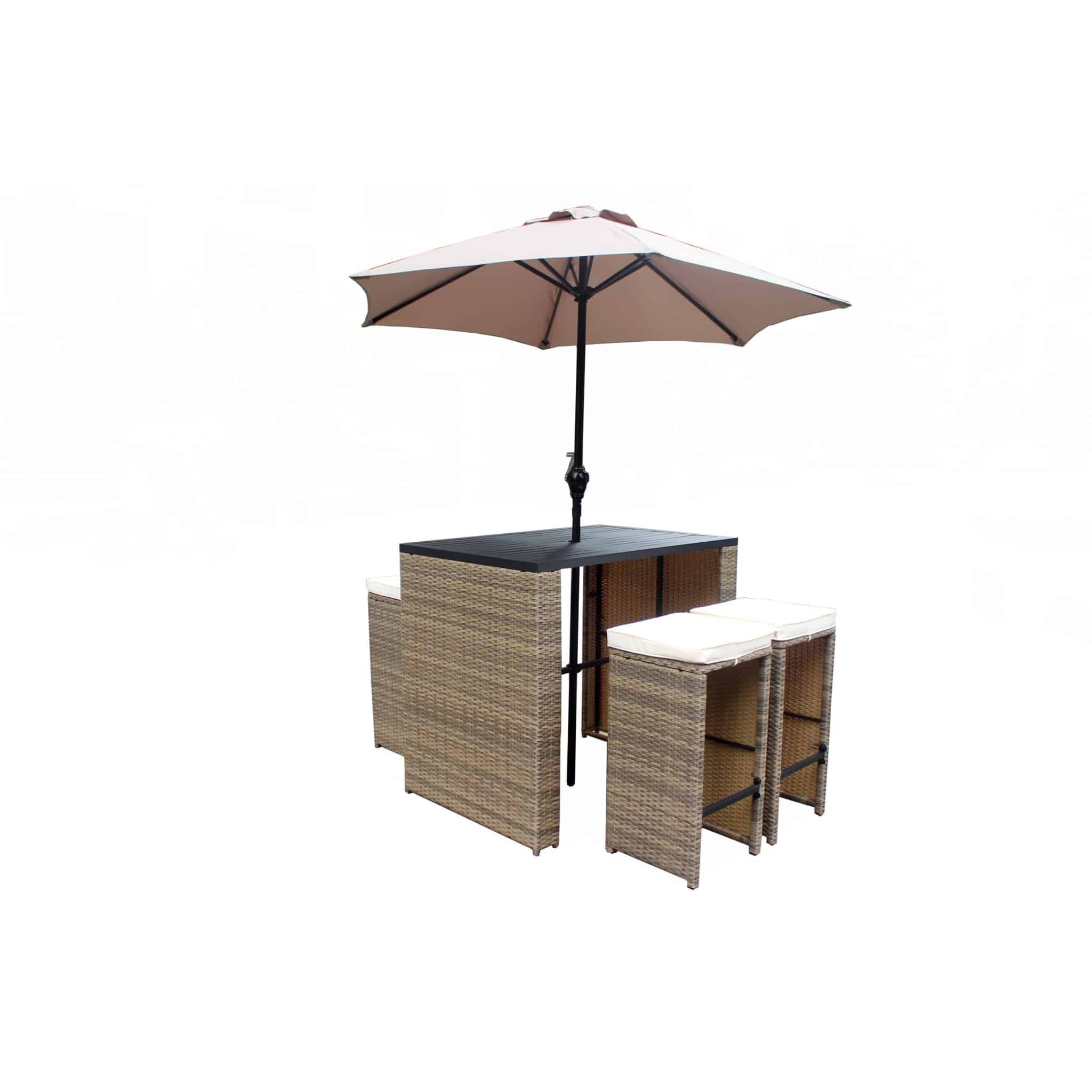 Six Piece Brown and Tan Faux Wicker Outdoor Bar Height Table Set with Umbrella and Stools - Image 2