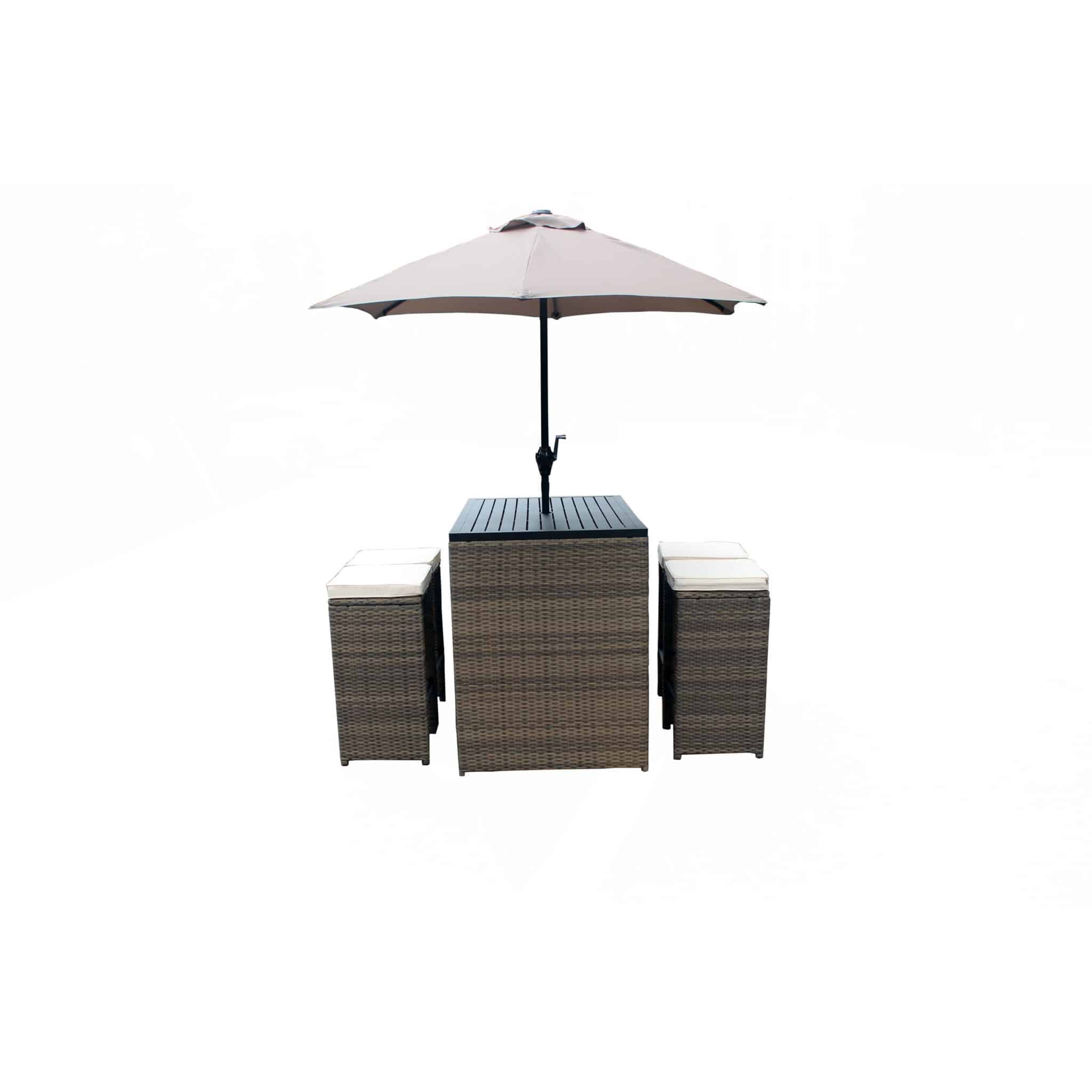 Six Piece Brown and Tan Faux Wicker Outdoor Bar Height Table Set with Umbrella and Stools - Image 3