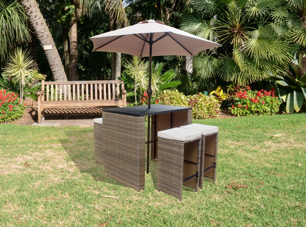 Six Piece Brown and Tan Faux Wicker Outdoor Bar Height Table Set with Umbrella and Stools - Image 4