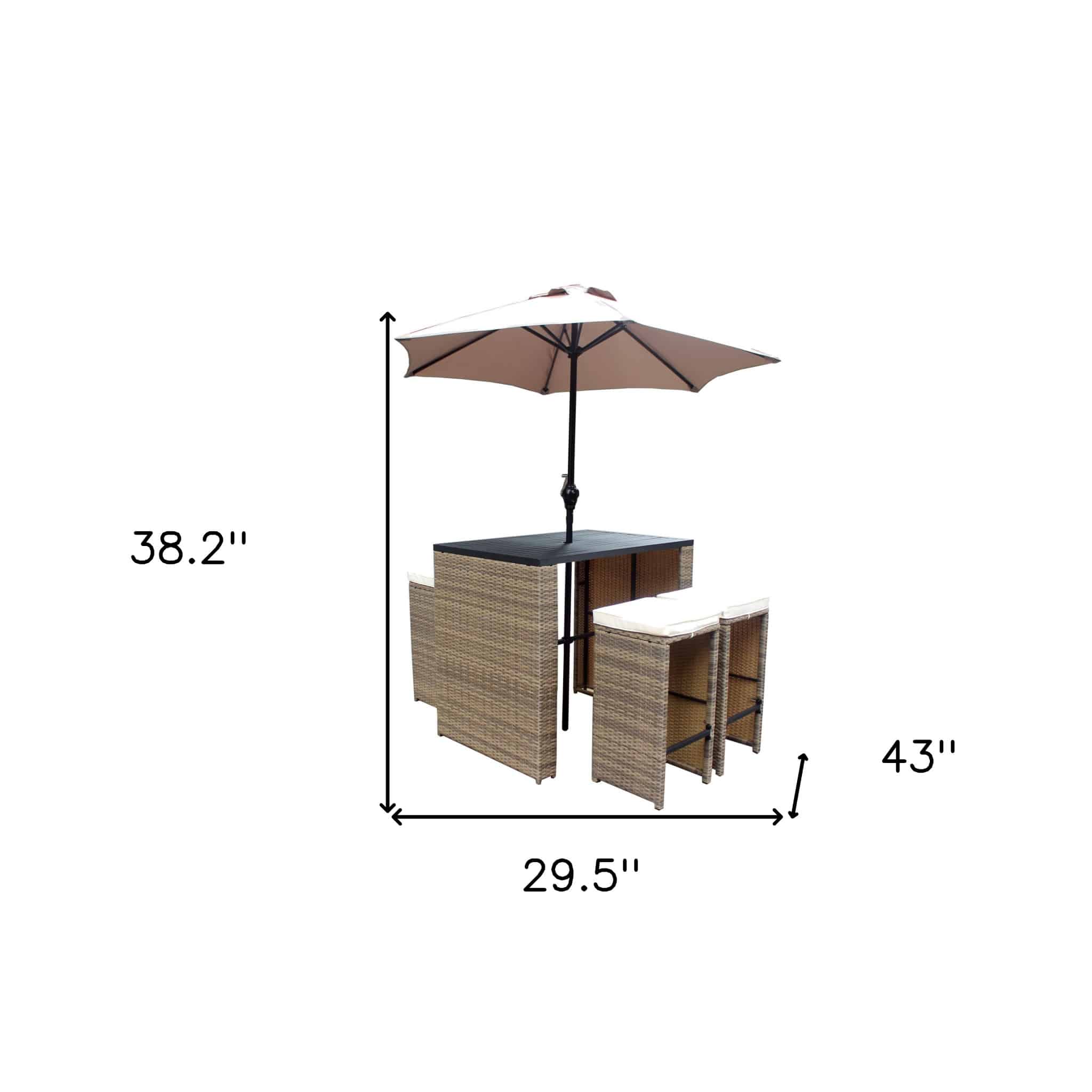 Six Piece Brown and Tan Faux Wicker Outdoor Bar Height Table Set with Umbrella and Stools - Image 5