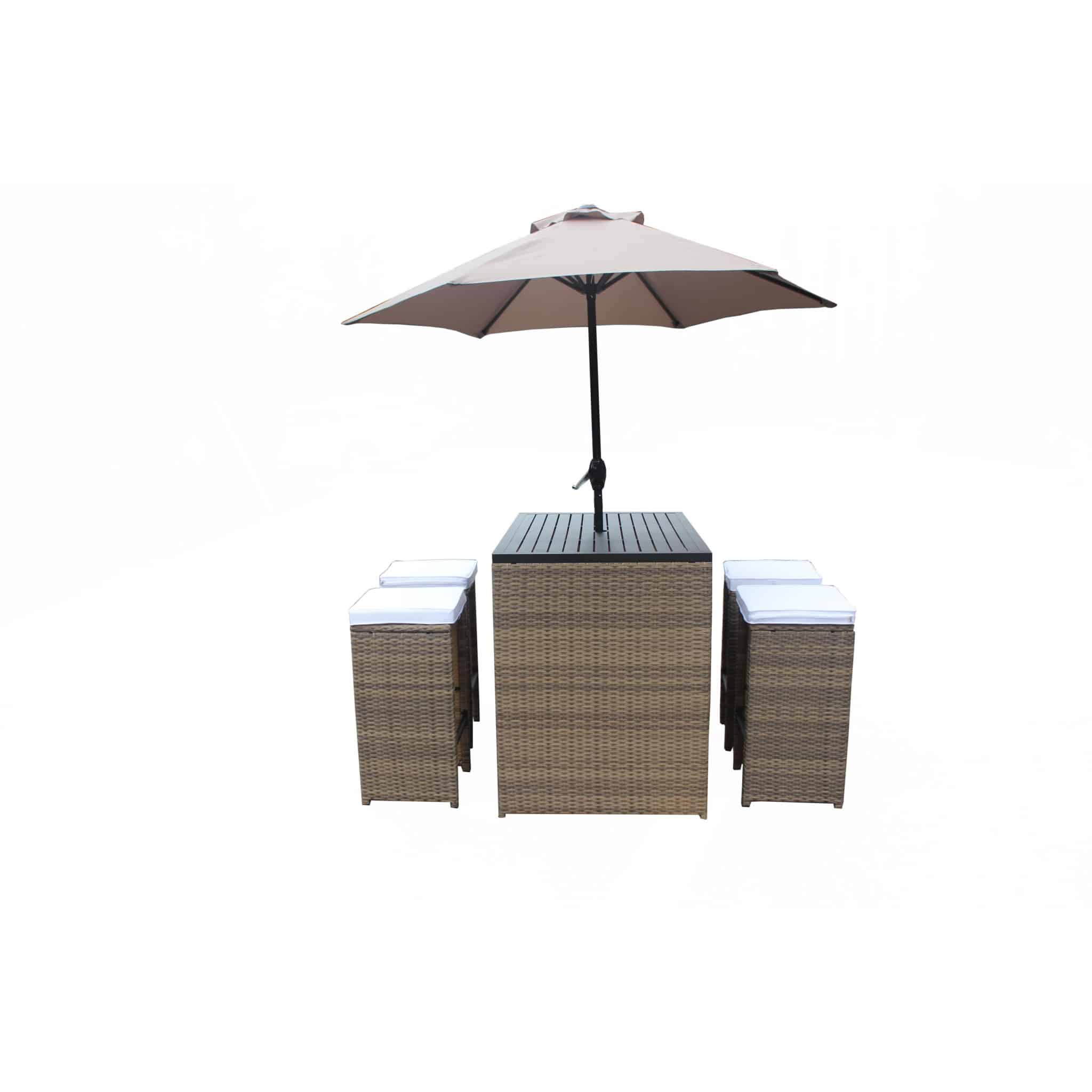 Six Piece Brown and White Faux Wicker Outdoor Bar Height Table Set with Umbrella and Stools - Image 3