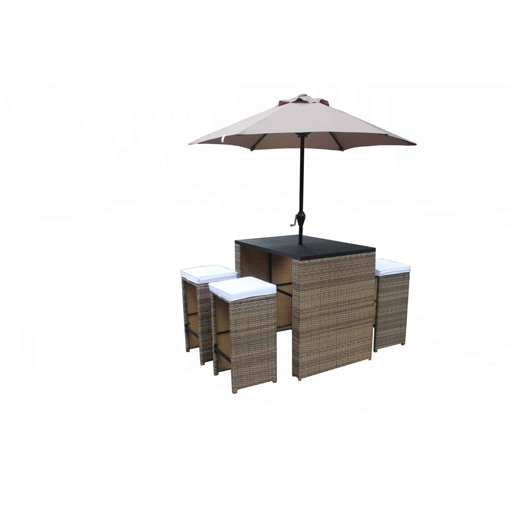 Six Piece Brown and White Faux Wicker Outdoor Bar Height Table Set with Umbrella and Stools - Image 2