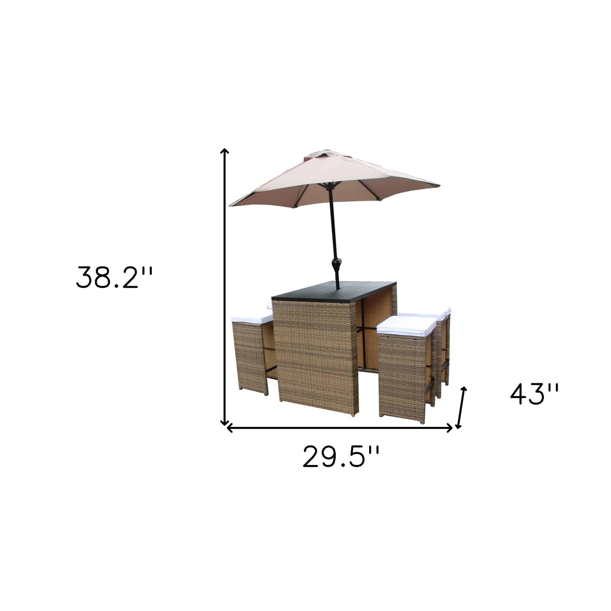 Six Piece Brown and White Faux Wicker Outdoor Bar Height Table Set with Umbrella and Stools - Image 5