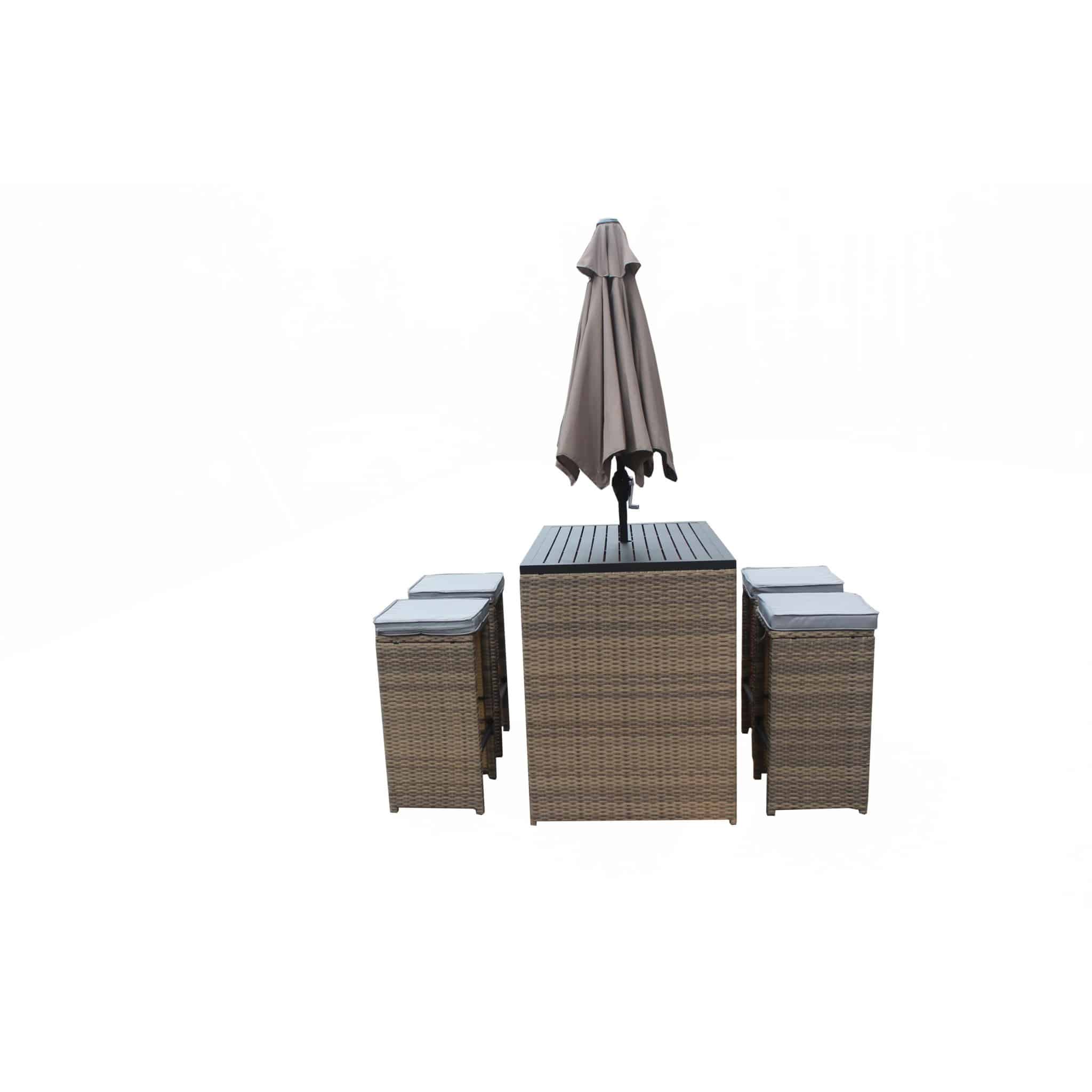 Six Piece Brown and Gray Faux Wicker Outdoor Bar Height Table Set with Umbrella and Stools - Image 2