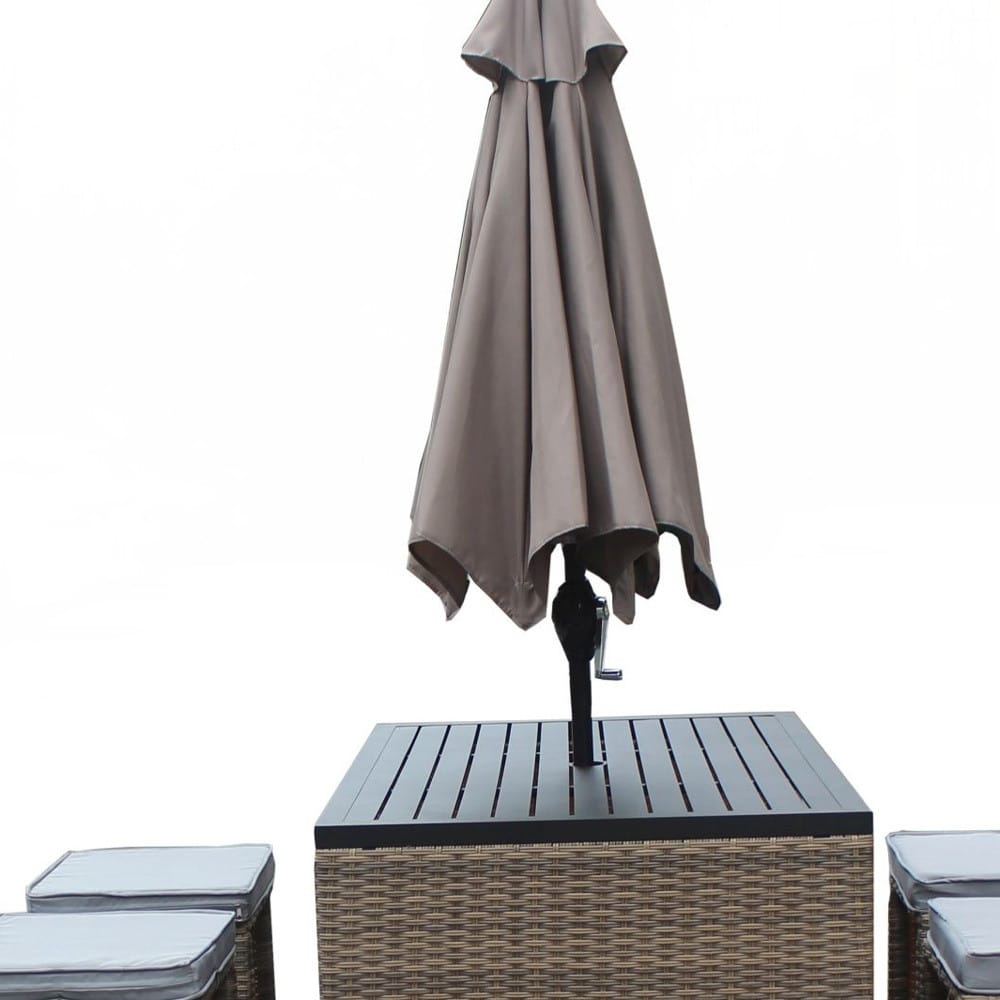 Six Piece Brown and Gray Faux Wicker Outdoor Bar Height Table Set with Umbrella and Stools - Image 3