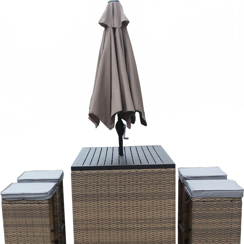Six Piece Brown and Gray Faux Wicker Outdoor Bar Height Table Set with Umbrella and Stools - Image 4