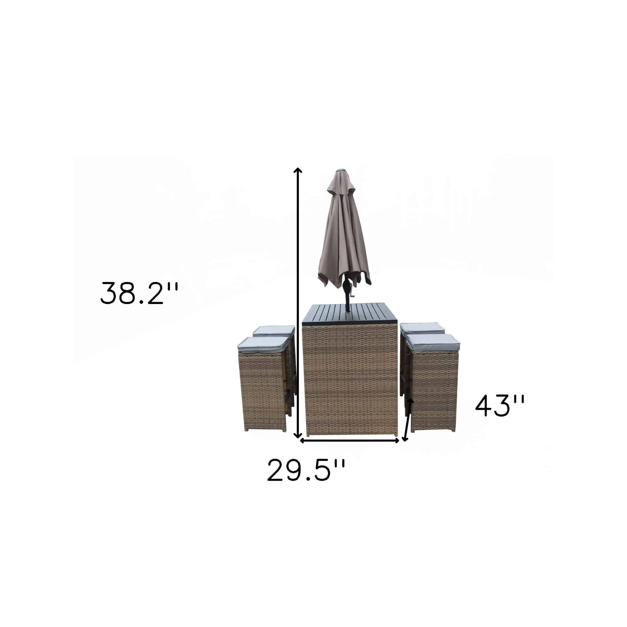 Six Piece Brown and Gray Faux Wicker Outdoor Bar Height Table Set with Umbrella and Stools - Image 5