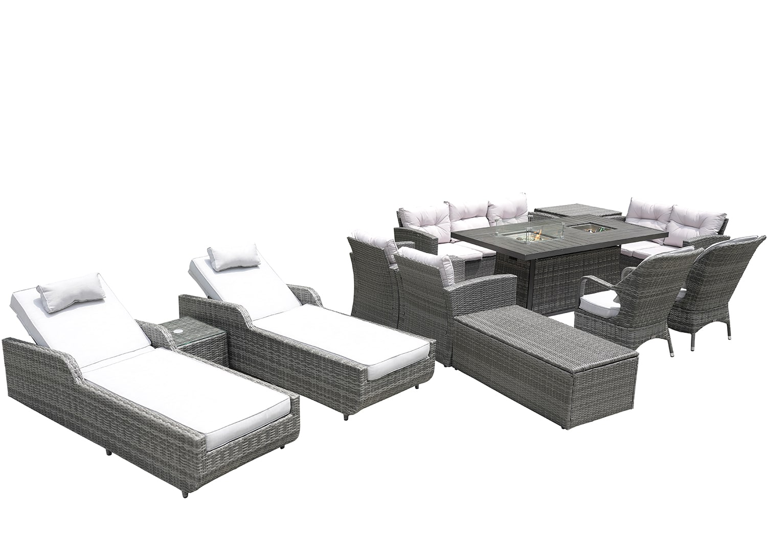 Twelve Piece Outdoor Gray Wicker Multiple Chairs Seating Group Fire Pit Included with White Cushions - Image 2