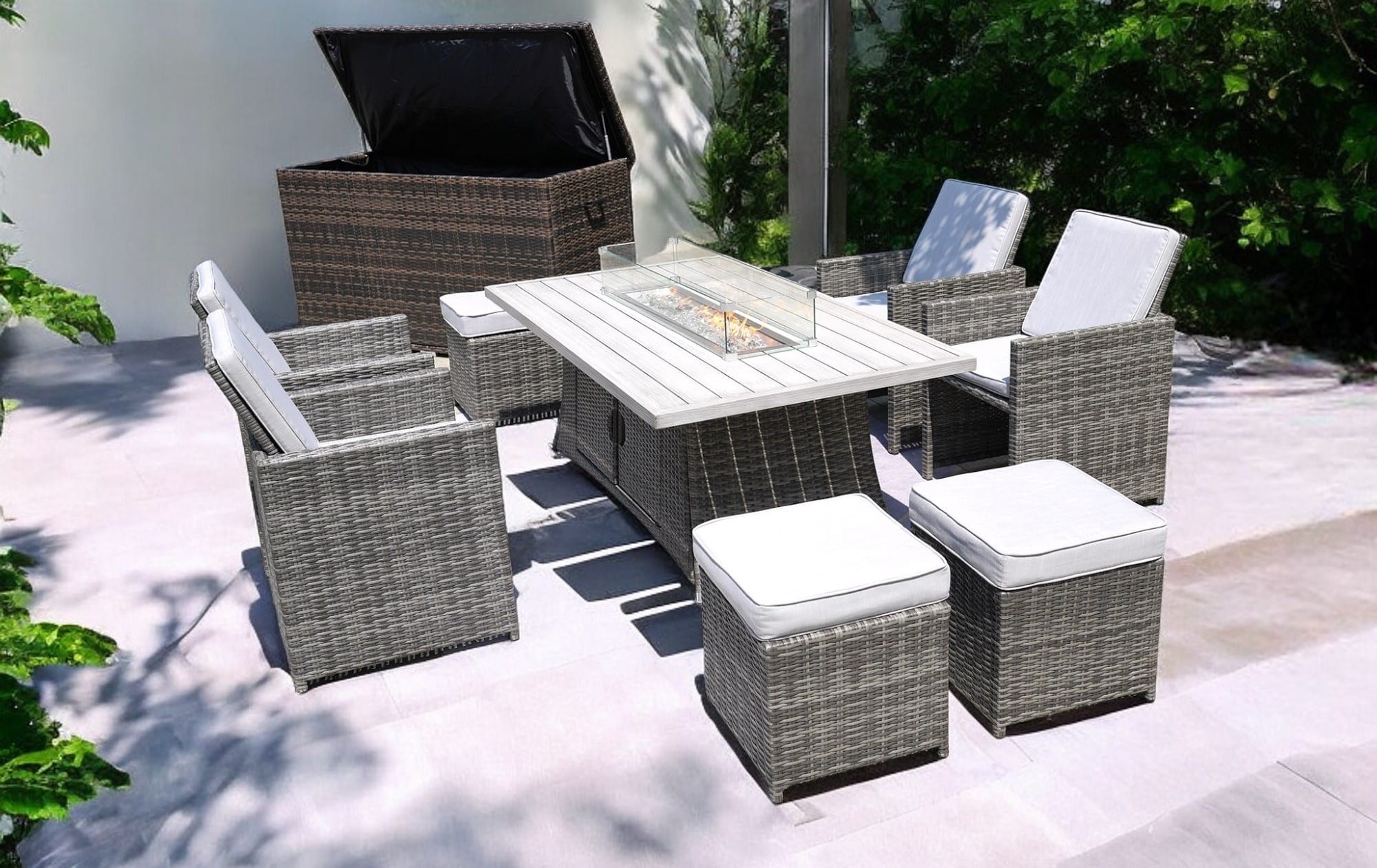 Ten Piece Outdoor Gray Wicker Multiple Chairs Seating Group Fire Pit Included with White Cushions - Image 4