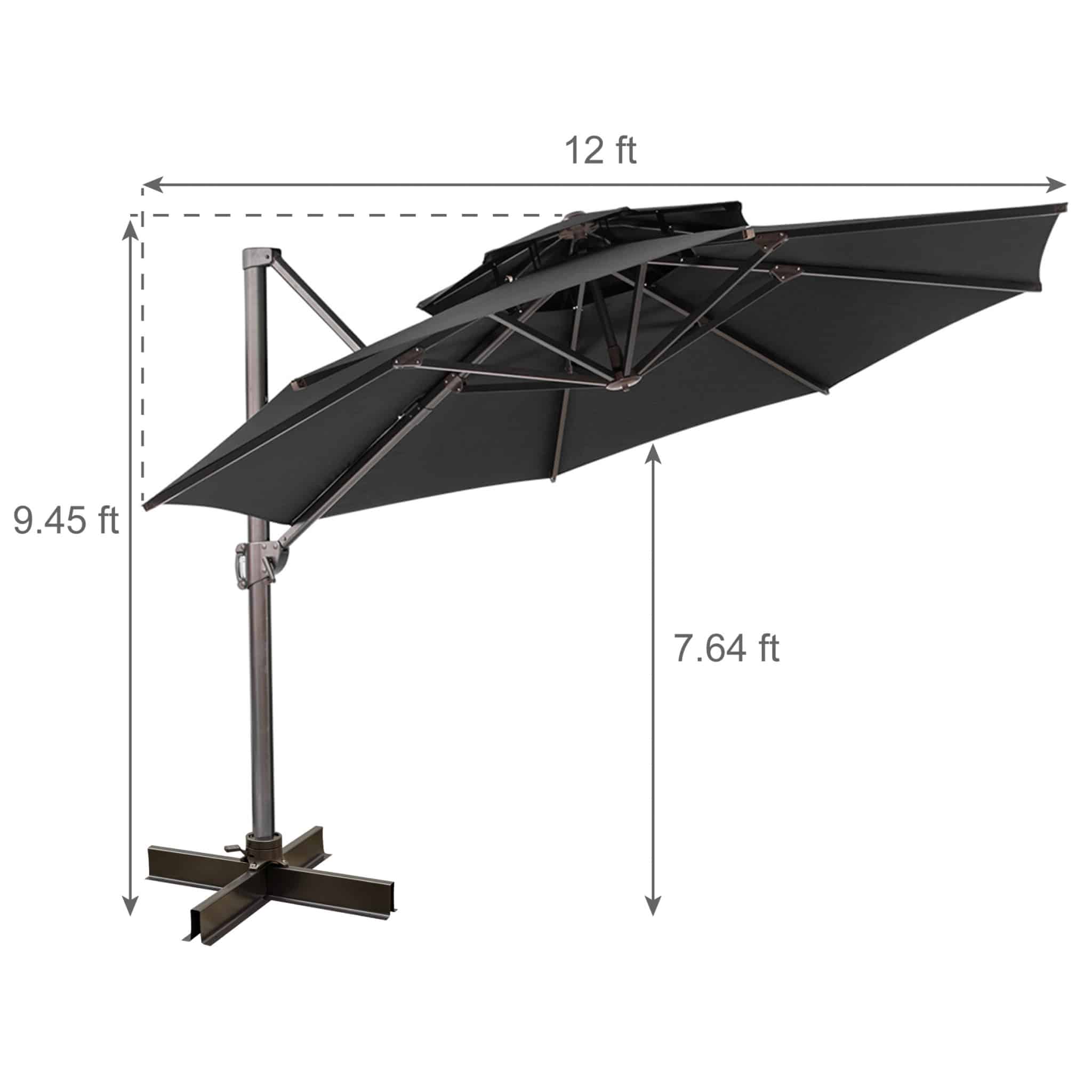 12' Black Polyester Round Tilt Cantilever Patio Umbrella With Stand - Image 10